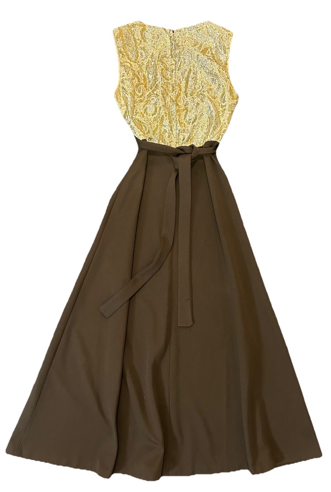 VTG 70s Handmade Polyester Maxi Dress Brown Gold Silver Sleeveless Tie Waist SM