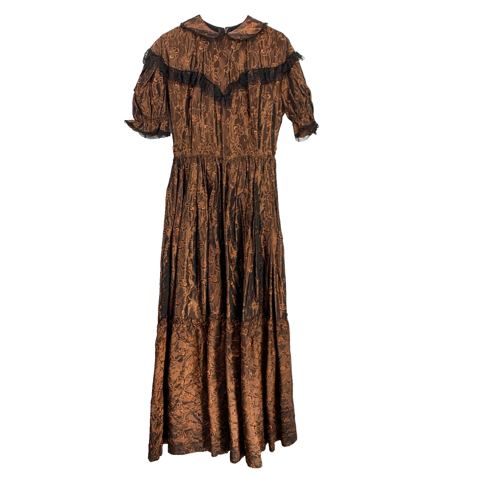 Vintage 70s Rosebud Dress Acetate Taffeta Floral Brown Lace Dress Womens 14