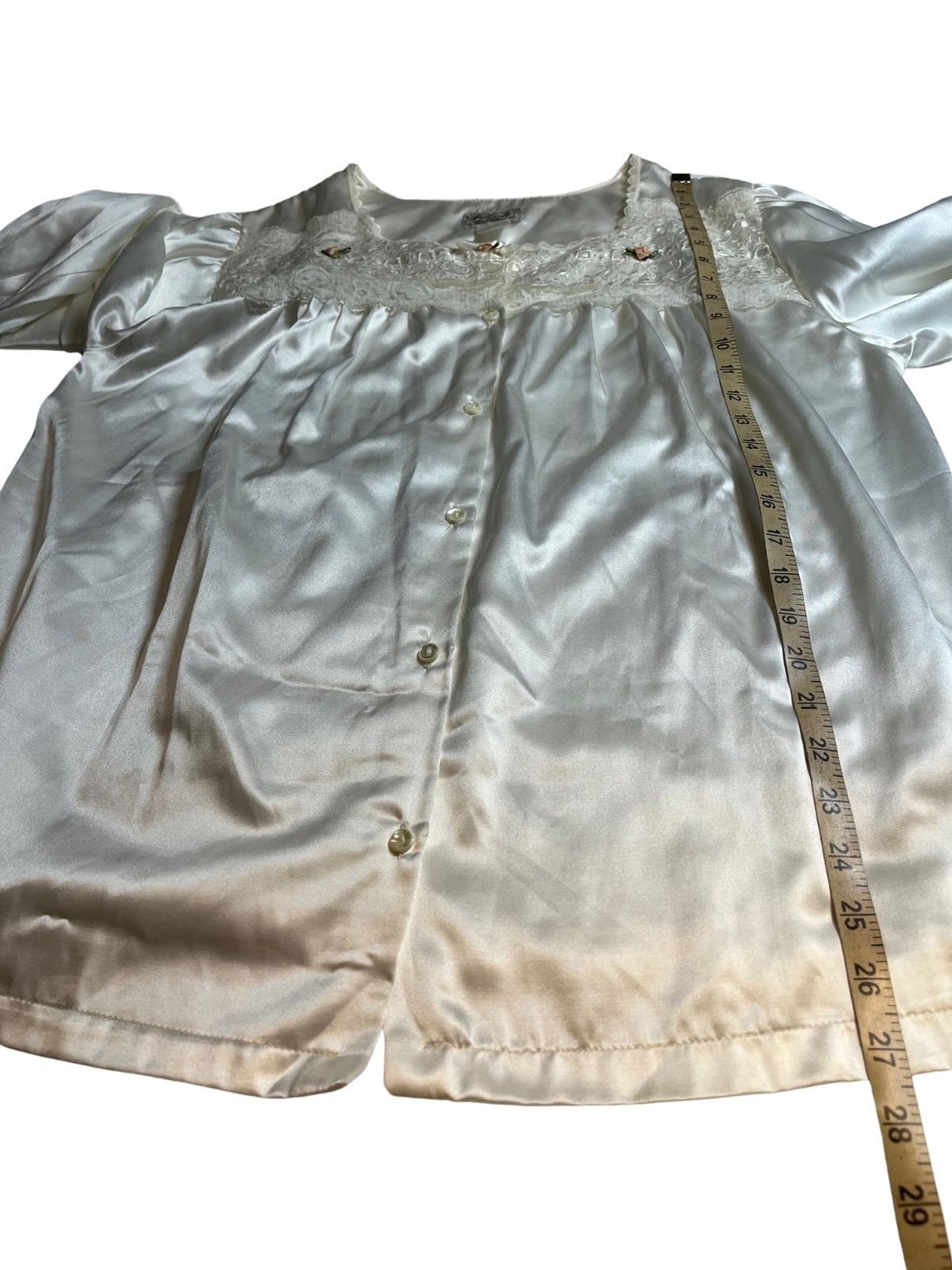 Vintage 80s Pajama Shirt Blouse Satin Long Sleeve White Lace Rose Ribbon Bow S