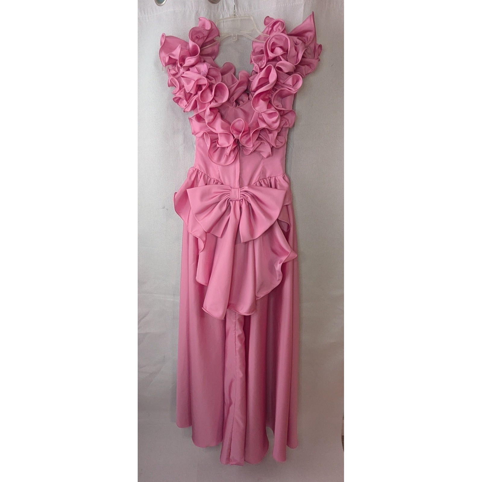 Vintage ILGWU Pink Ruffle Formal Maxi Dress Women Size 4 Excellent 80s Prom Bow