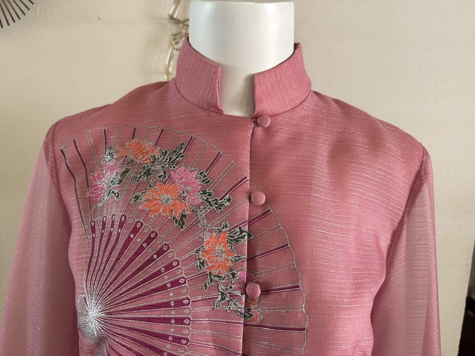 Vintage 60s 70s Alfred Shaheen Pink Fan Print Hostess Shift Dress Sheer Sleeve
