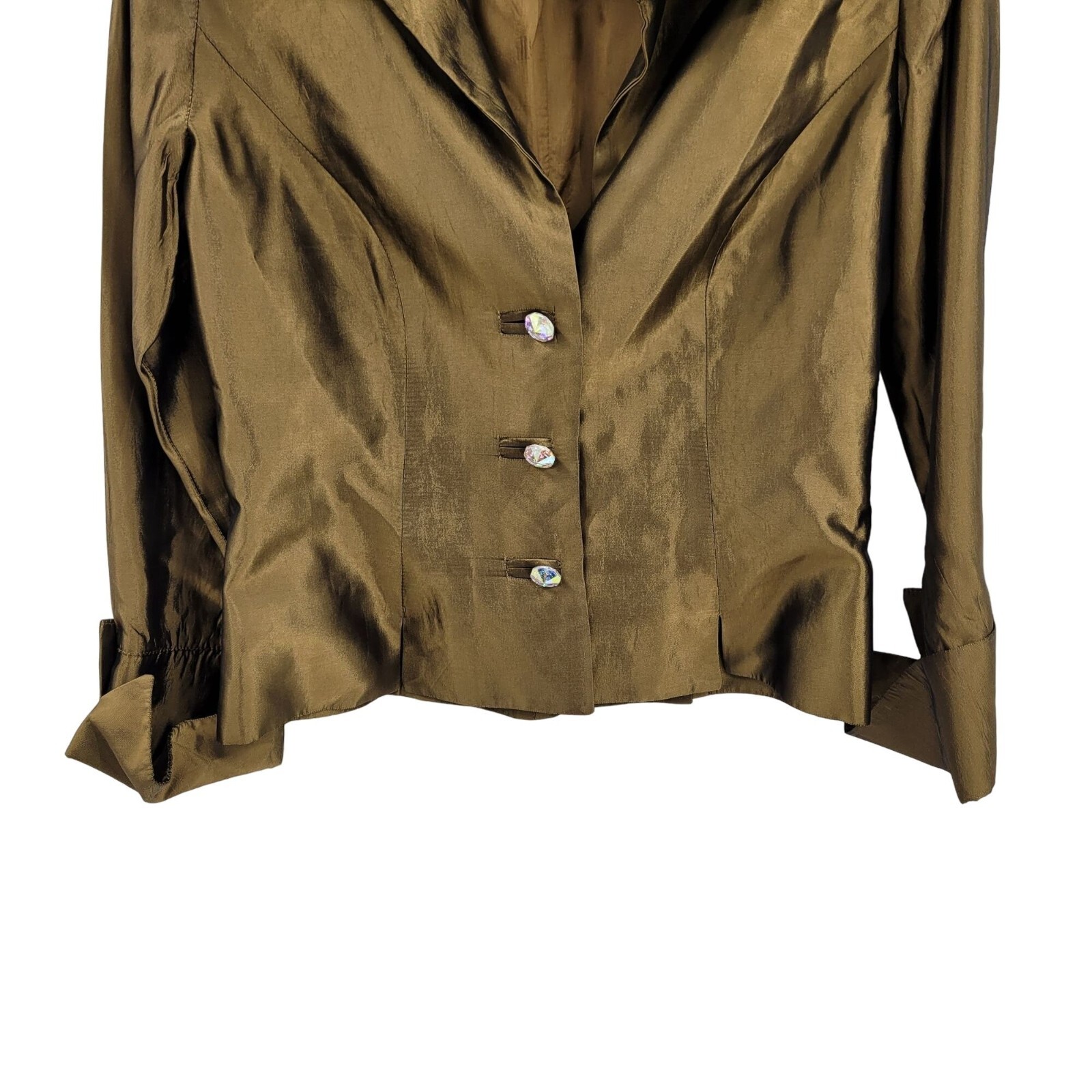 Vintage 80’s Blouse 8 Bronze Formal Metallic Dagger Collar Jewel Buttons Glam