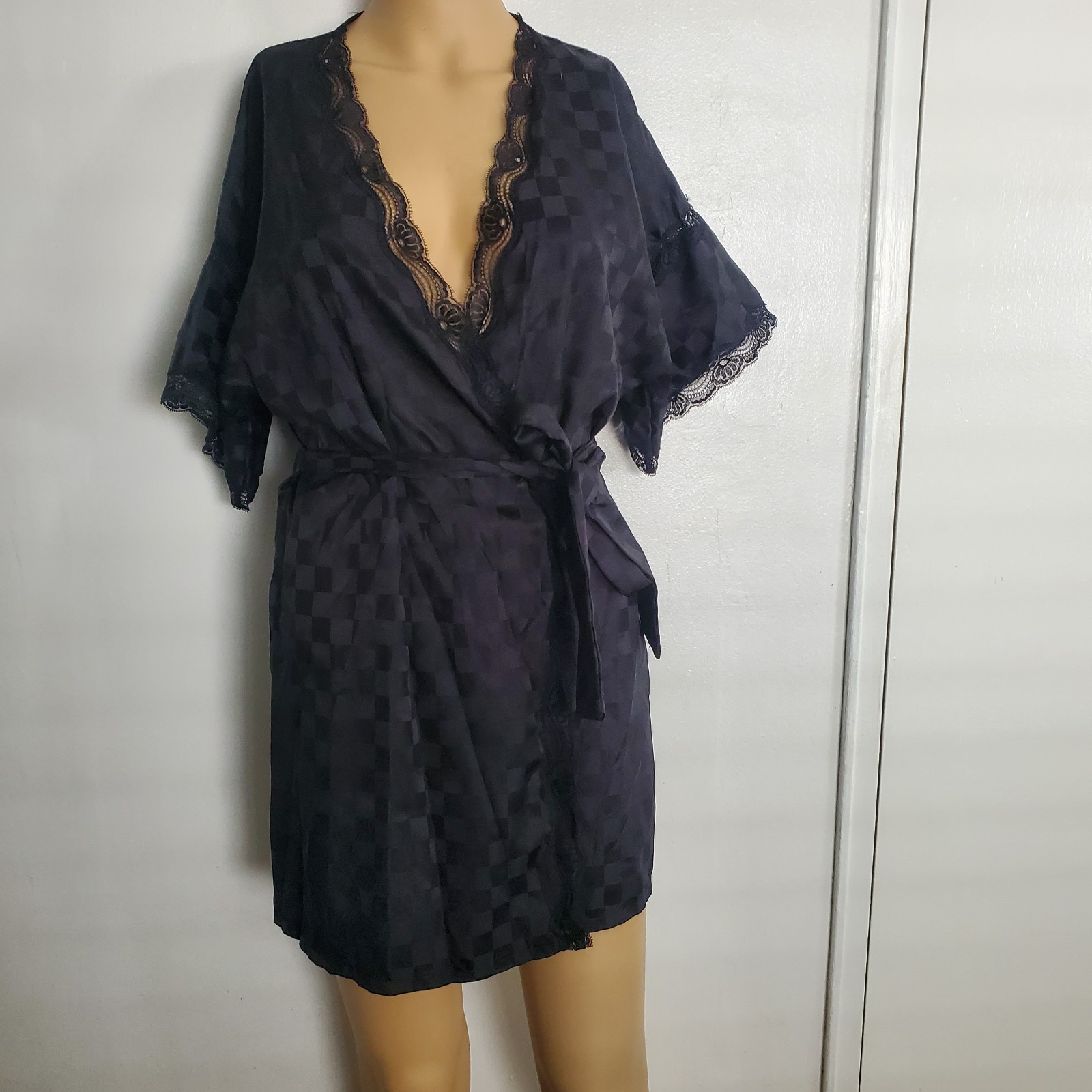 Vintage 70s Holt Renfrew Black Satin Short Robe Made In Canada Checkered Retro