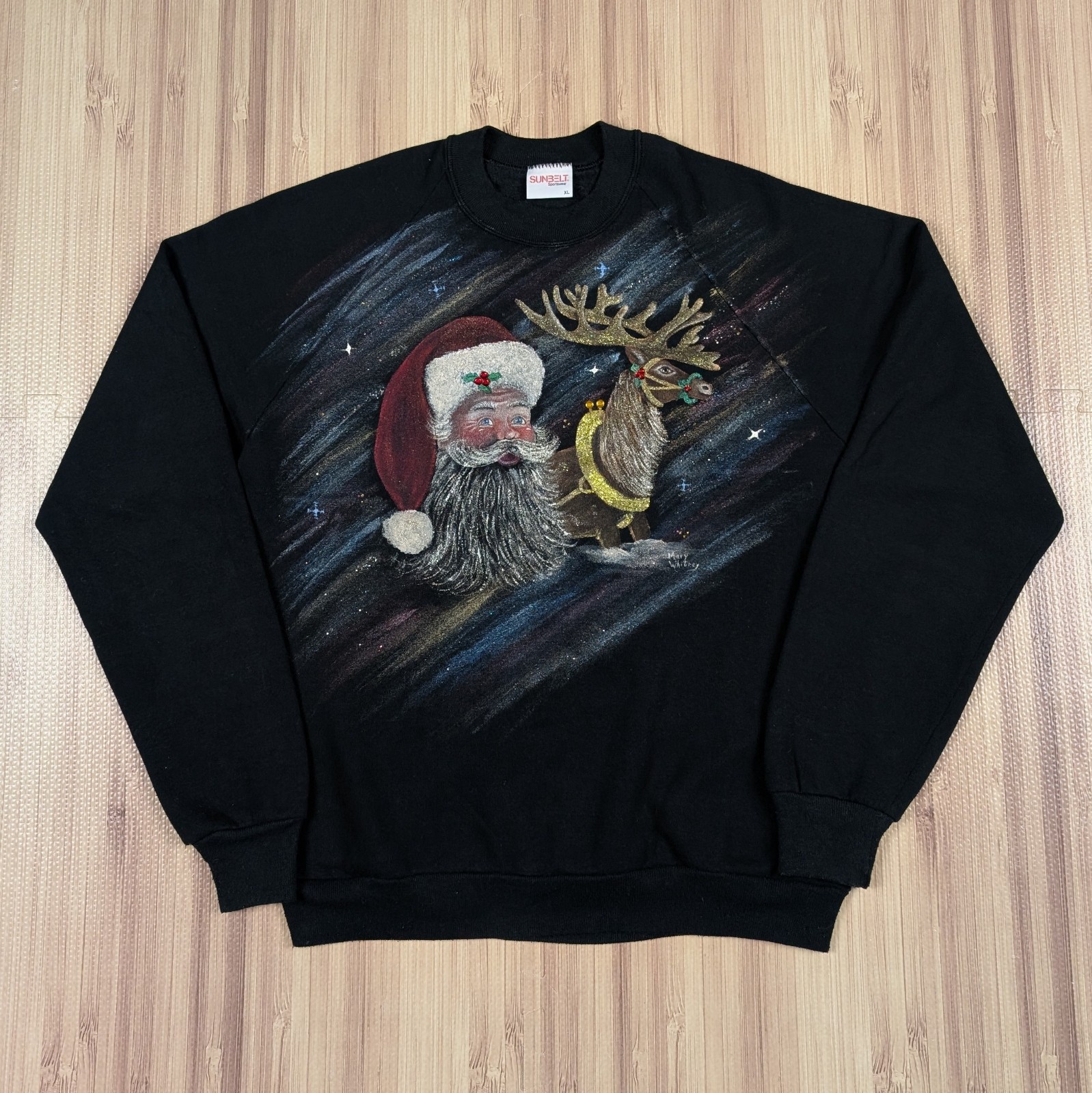 Vintage Christmas 80s Holiday Santa Reindeer Sleigh Sweatshirt Ornaments L/XL