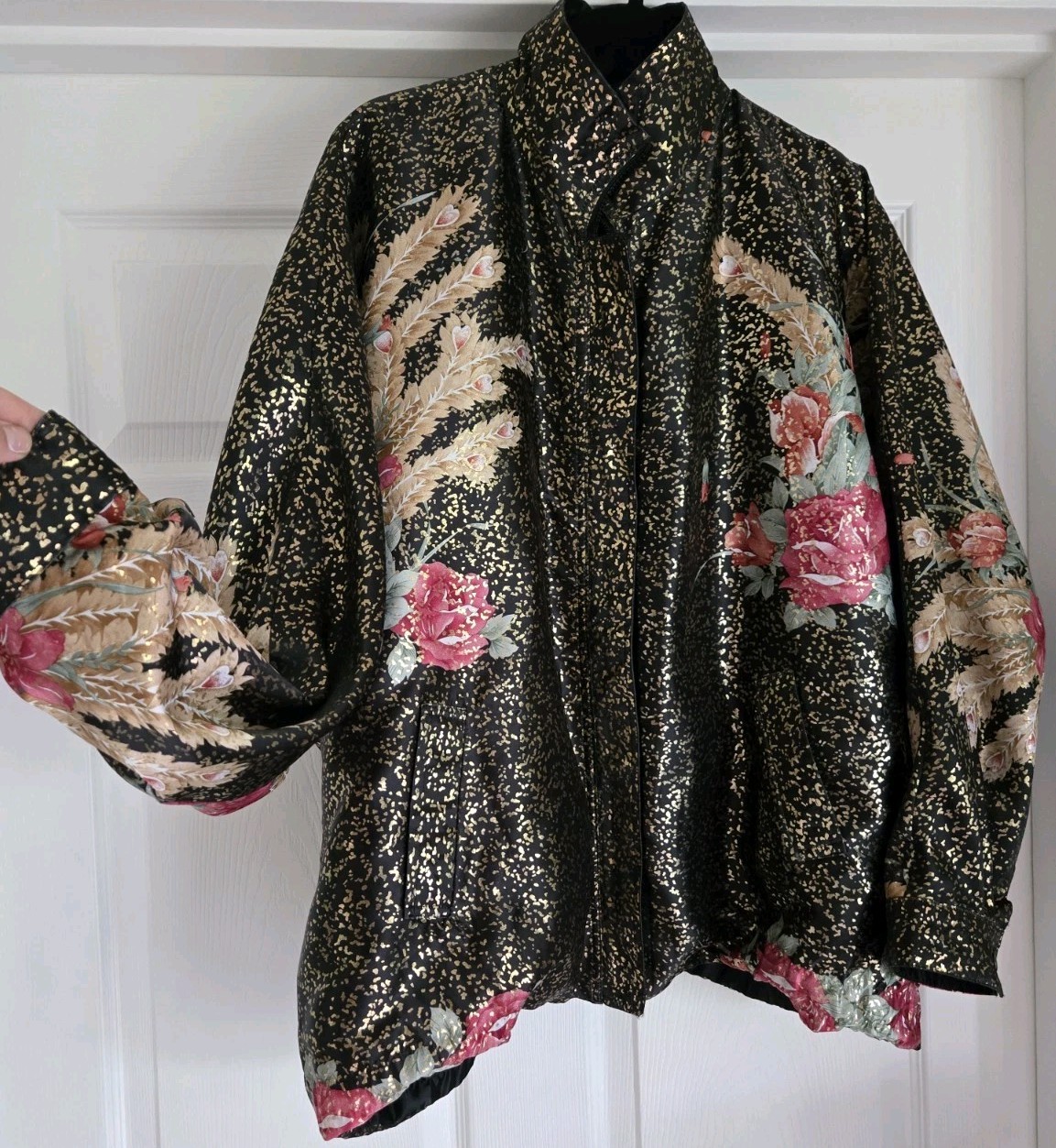 Vintage Reversible Floral Black Bomber Jacket Black Pink Zip Up Windbreaker
