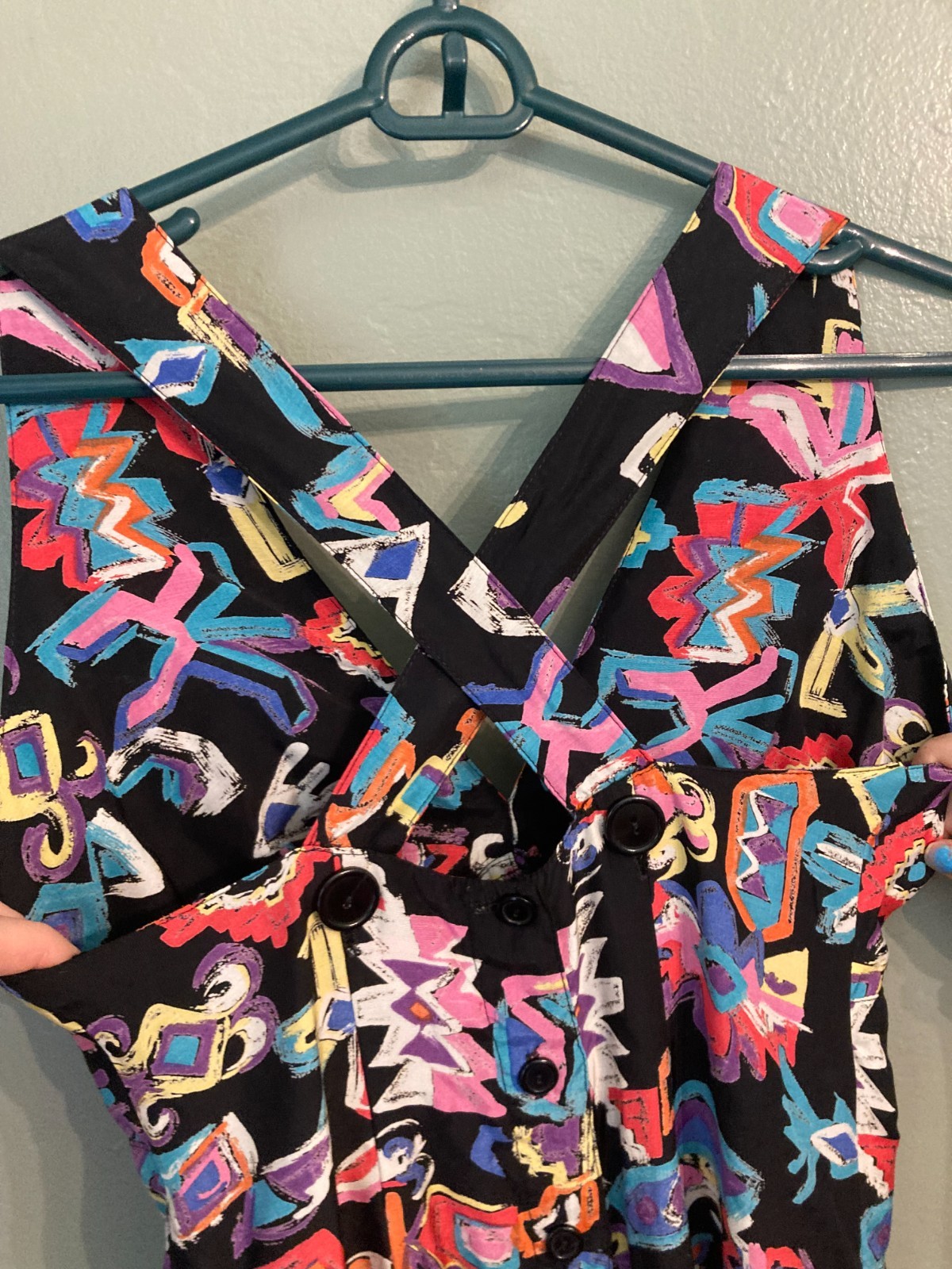Bold Geometric Vintage Print Cross Back Strap Overall-Type Fitted Bust Dress