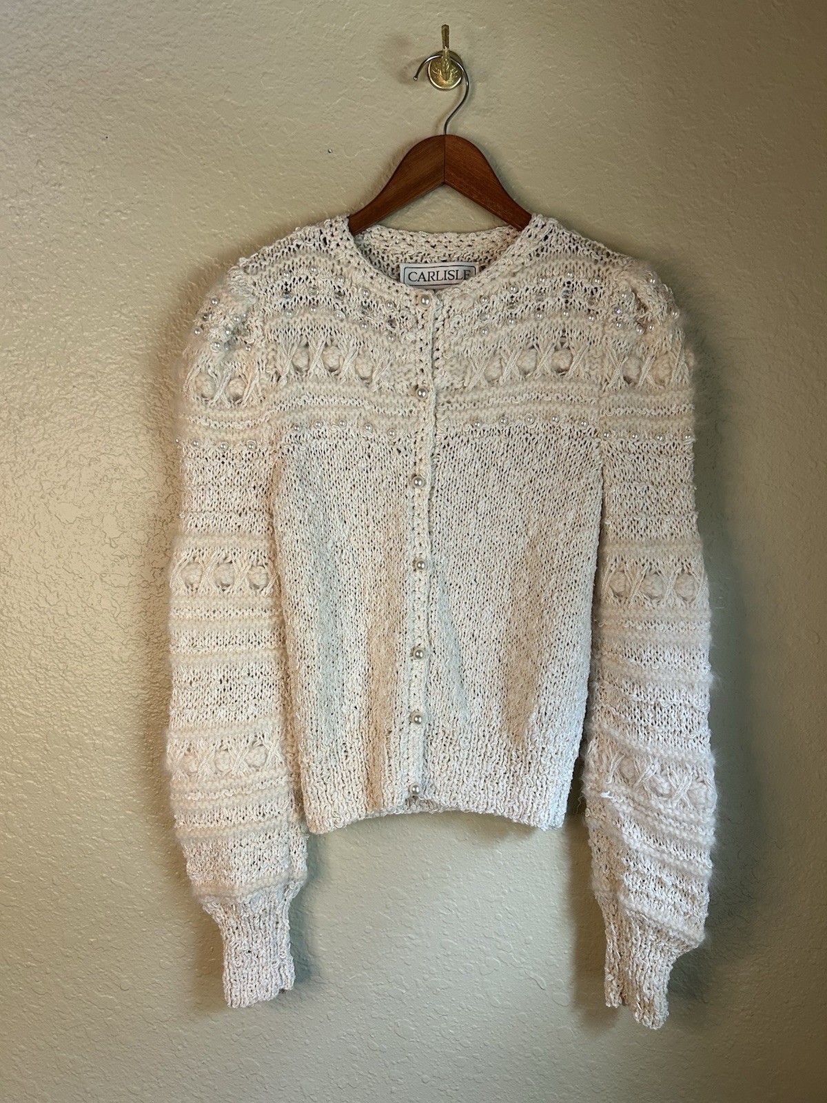 Vintage Crochet Ivory Angora Sparkling Beaded Pearl Button Long Sleeve Sweater
