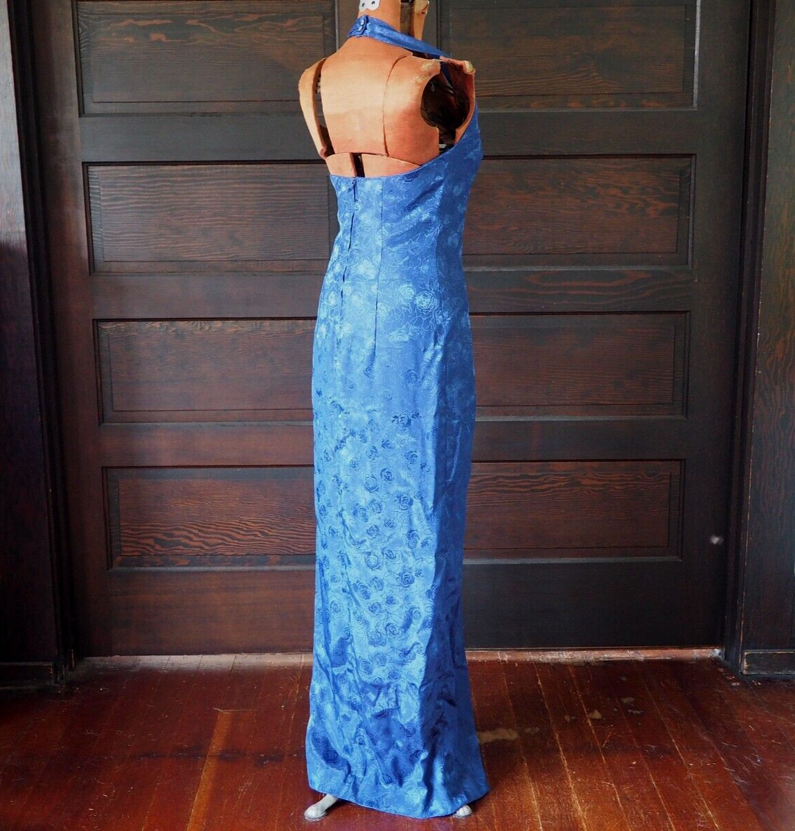 VTG 60s 70s Royal Blue Rose Sweetheart Halter Cocktail Party Formal Dress Sz S
