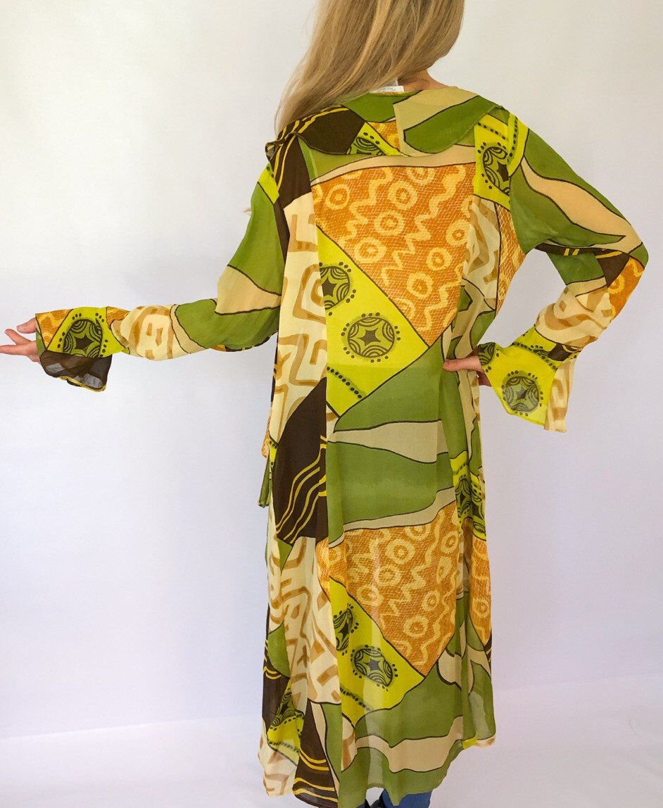 Kimono Duster chiffon maxi cardigan long cover up dress Vintage Sheer Robe SZ L