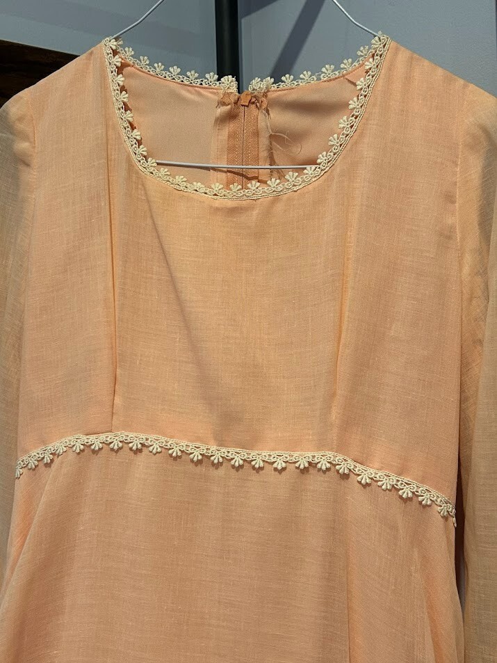 VTG Romantic Cottagecore Fairycore Boho Prairie Dress White Trim Peach Sz XS-S