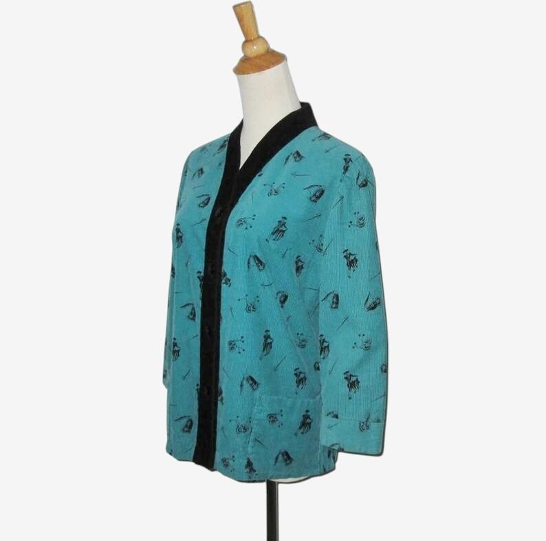 Vintage 1950s Corduroy Matador Blouse Jacket Teal Black Novelty Print – Size M