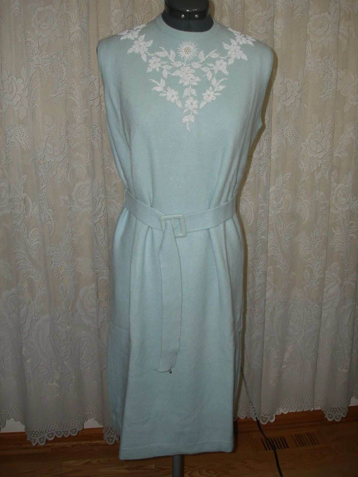 Vtg 50s Prince Beautiful Unique Set Dress Sweater Ice Baby Blue White Beaded M