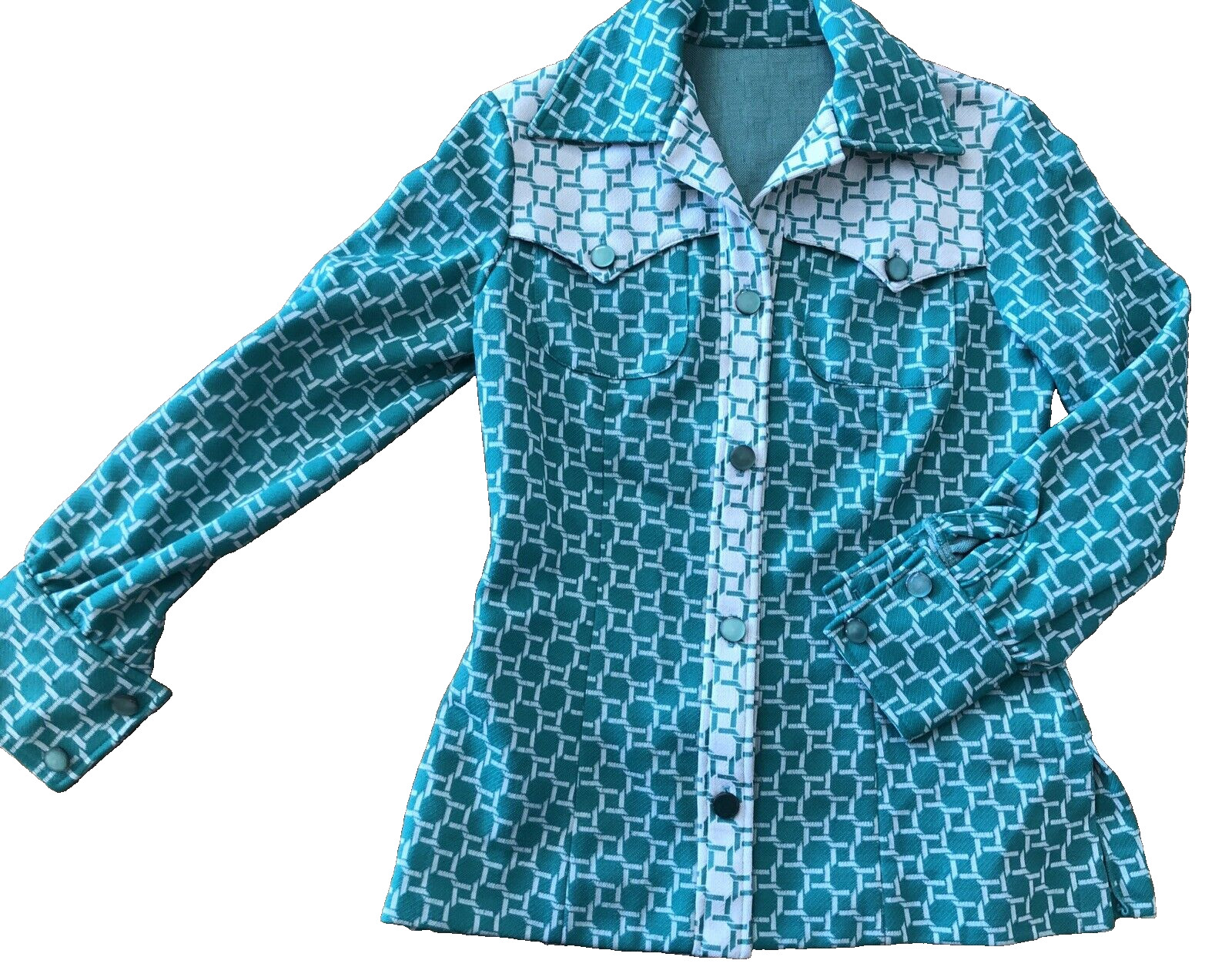 Vintage 60s 70s Panhandle Slim Womens Size 12 Western Shirt Green & White Links