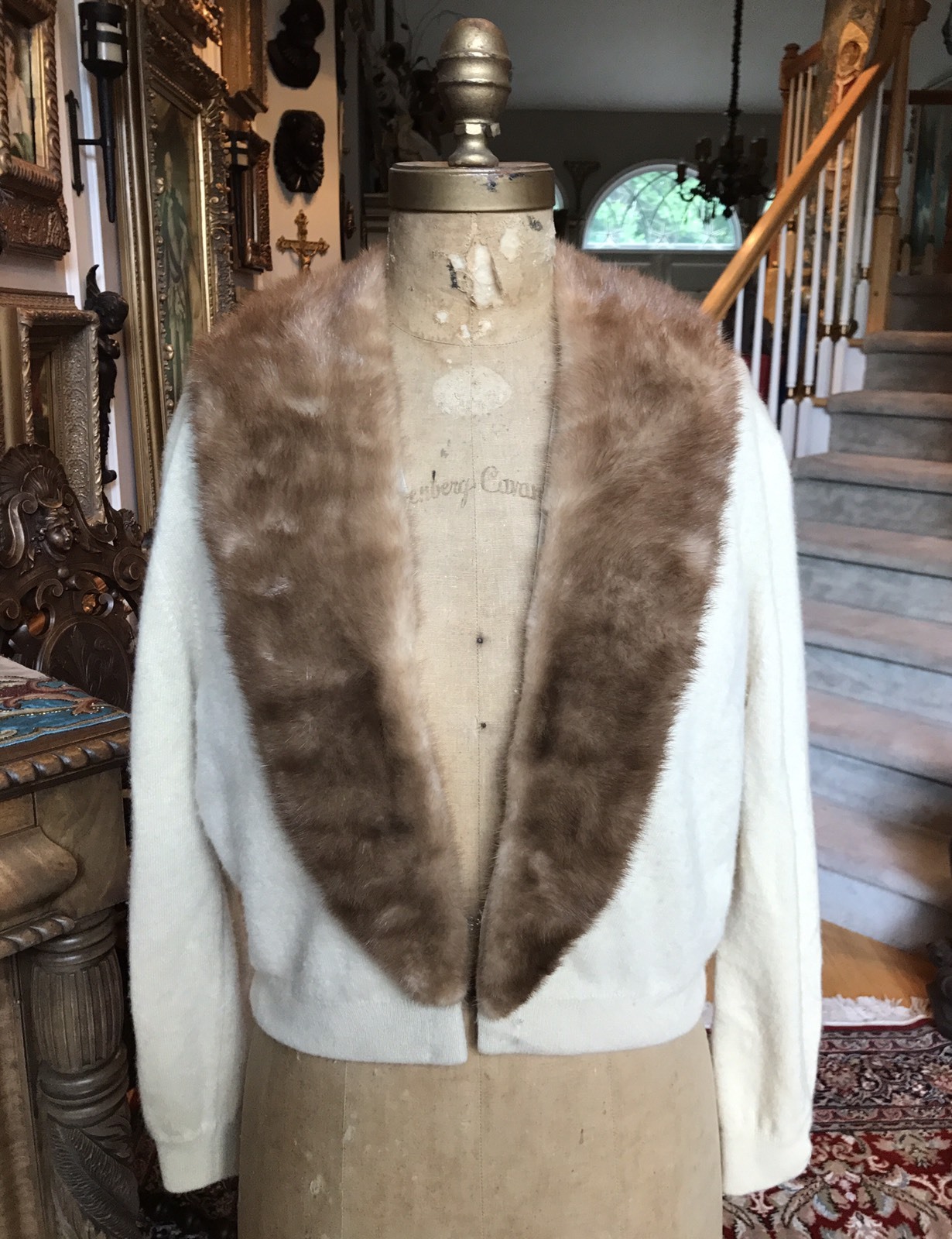 Vintage Cashmere Mink Trim Cream Sweater, Large L 10 12 14, ALTMANN OF VIENNA