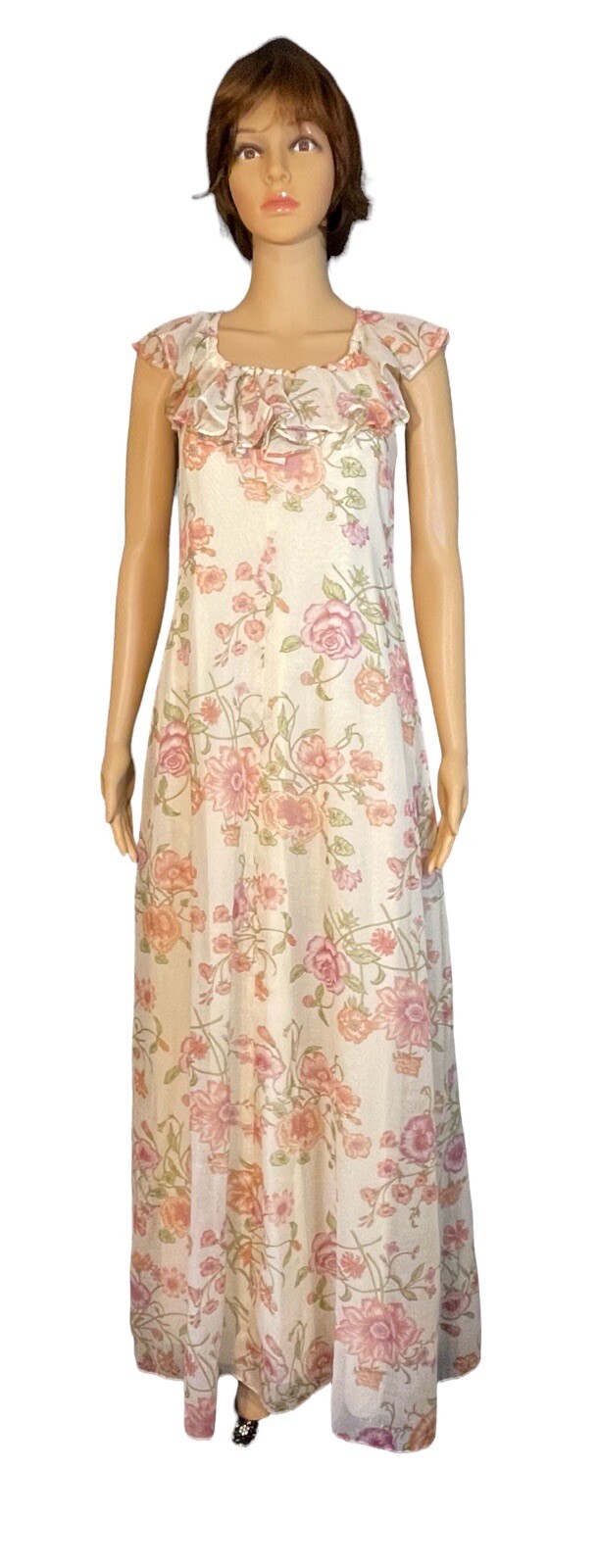 Vintage 1970s Casual Corner 11 Chiffon Pastel Floral Print Senorita Maxi Dress