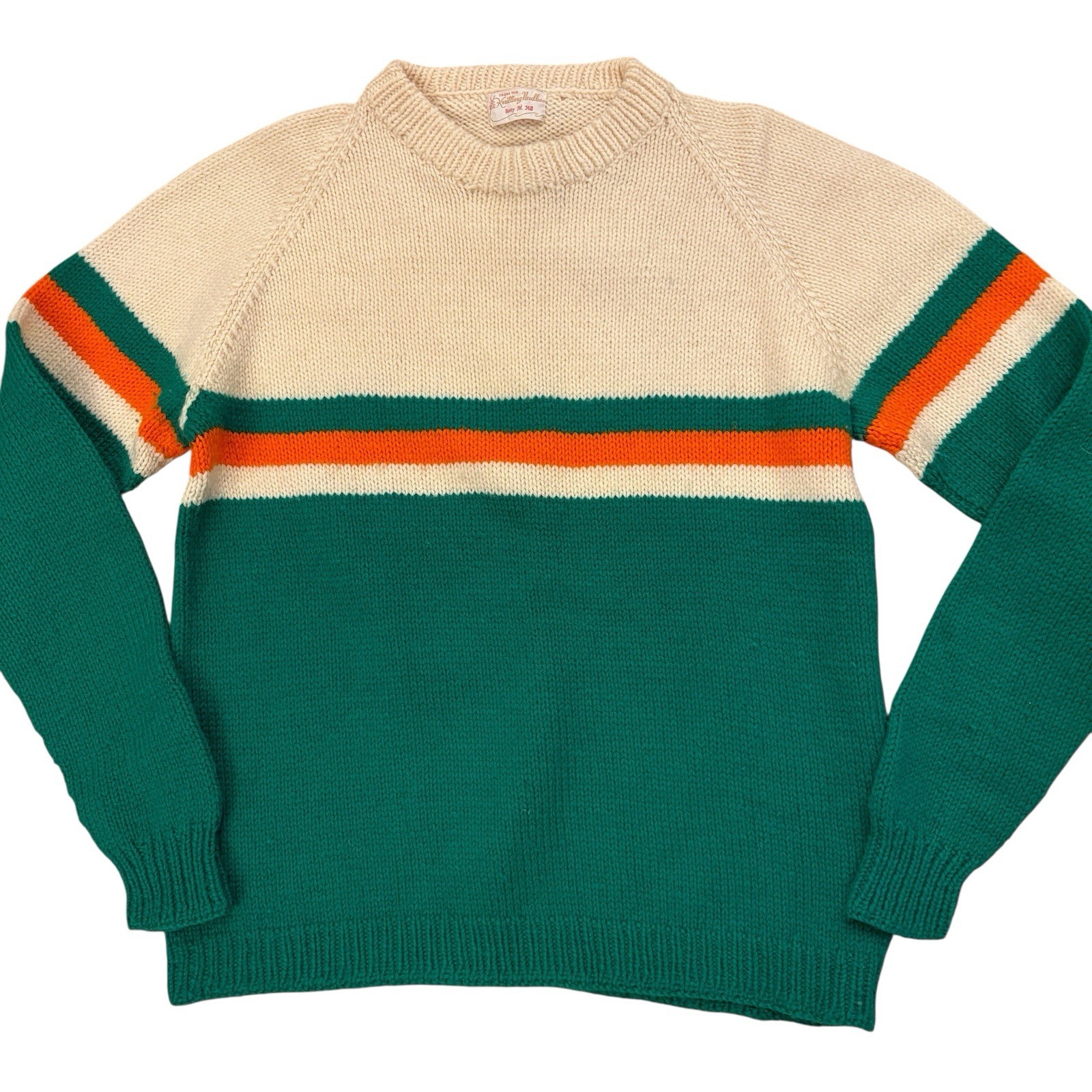Hand Knit Pullover Sweater Jumper Handmade Bold Stripe Green Size M VTG 90’s Y2K