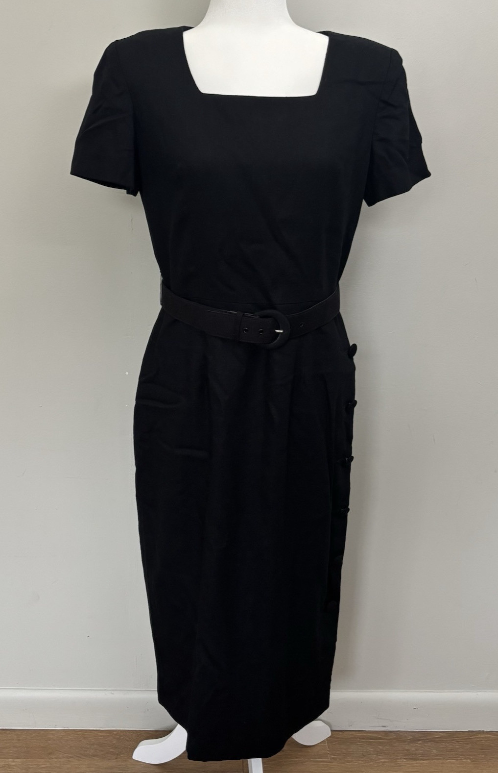 VTG Yves Cossette Depeche Mode Black Midi Dress-Linen Blend-Belt-Side Button-12P