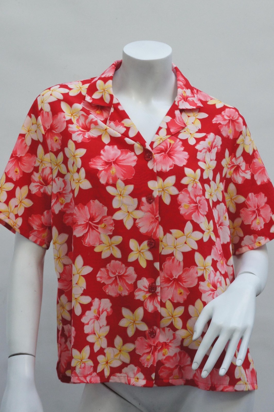 Vintage 90s Red Hibiscus Floral Hawaii Shirt By Bon Worth Size Medium Boho Retro
