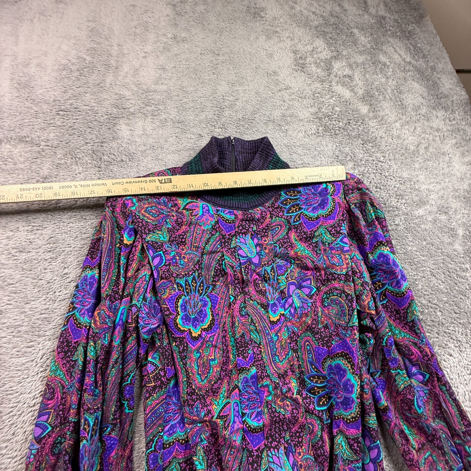 Vtg 80s Leslie Fay Petite Paisley Floral Blouse Mock Neck Zip Back Purple 8
