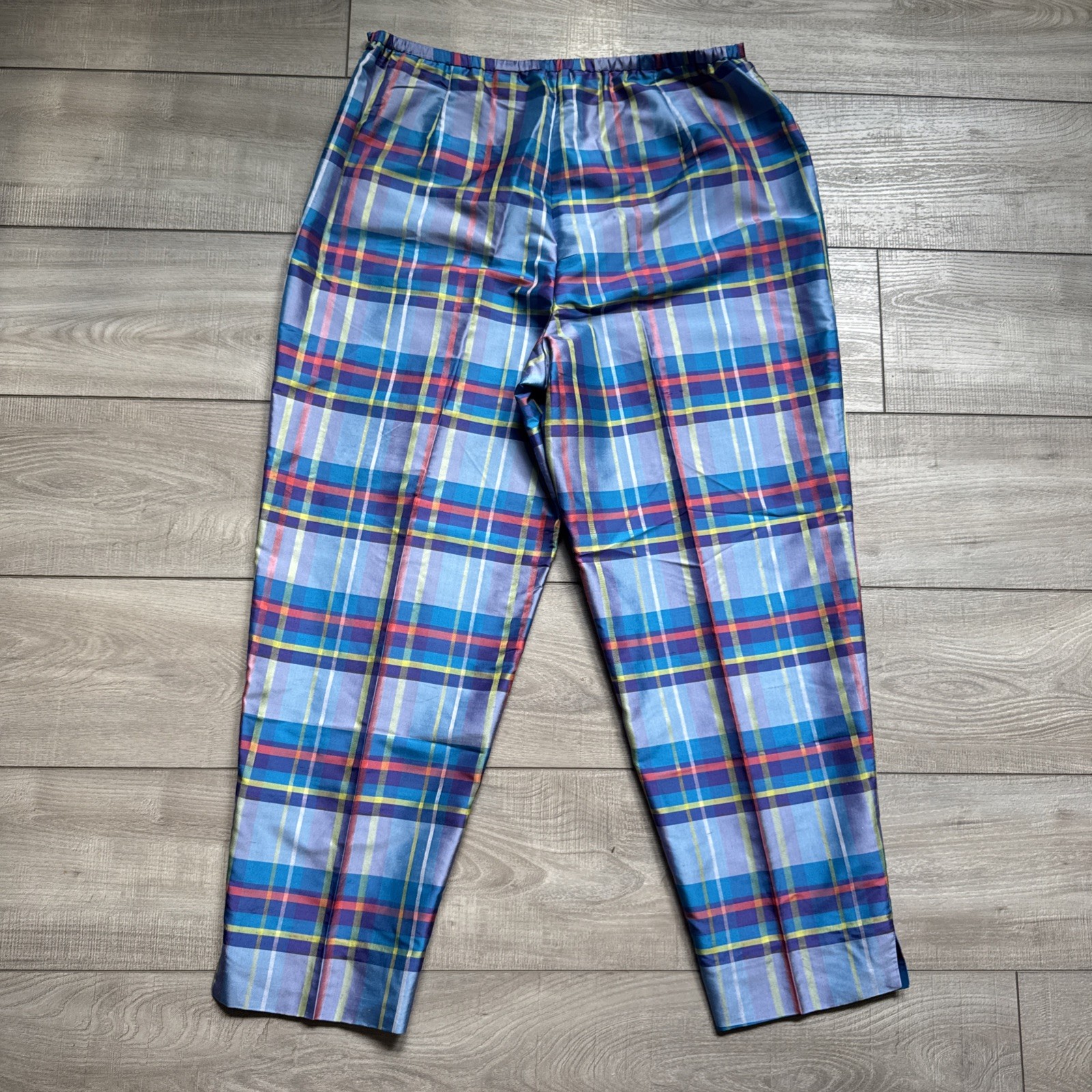 Vintage 90s Preston & York Silk 2pc Pajama Set Top Pants Plaid Womens M/ L Blue