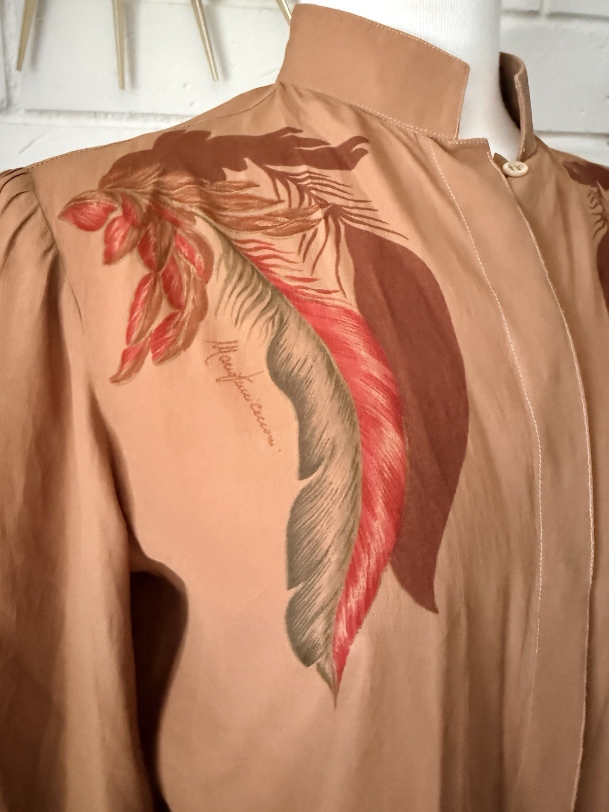 Vtg Mario Pucci Cecconi Italy Blouse Feathers Long Sleeve Brown Button Top Shirt