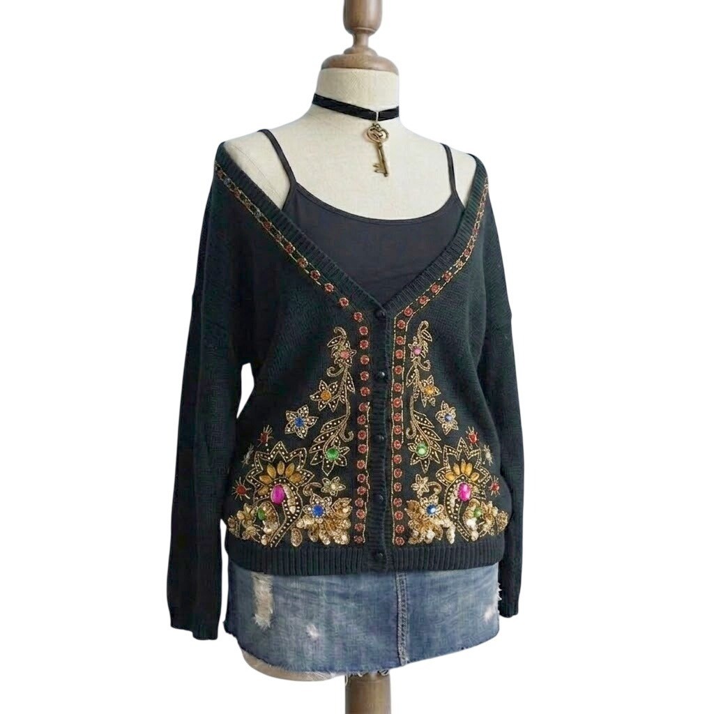 Vintage Black Beaded Sequin Gemstone Floral Cardigan Sweater Large Holiday