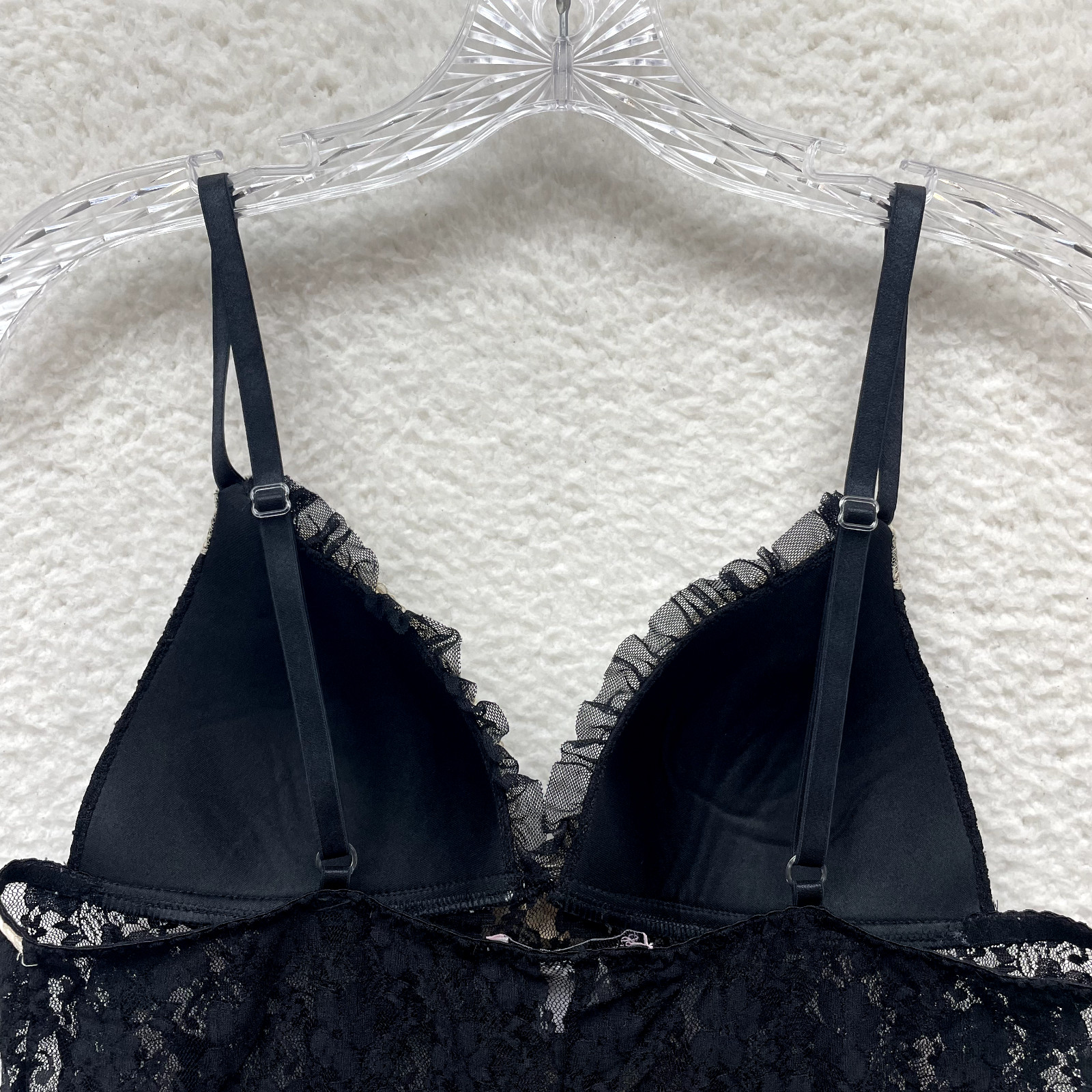 Y2K Vintage Babydoll Slip Dress Medium Black Lace Mesh Sheer Padded Cupped Sexy