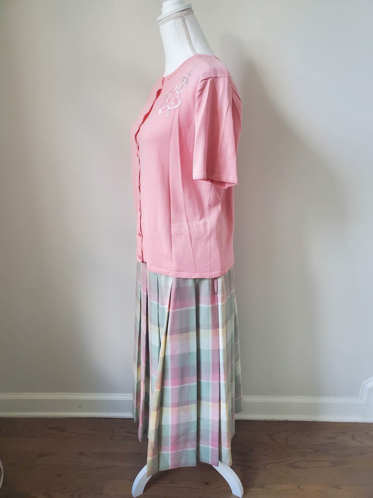 VNTG PENDELTON 2pc Plaid Virgin Wool Skirt & Pink Silk Blend Blouse Top 16 USA