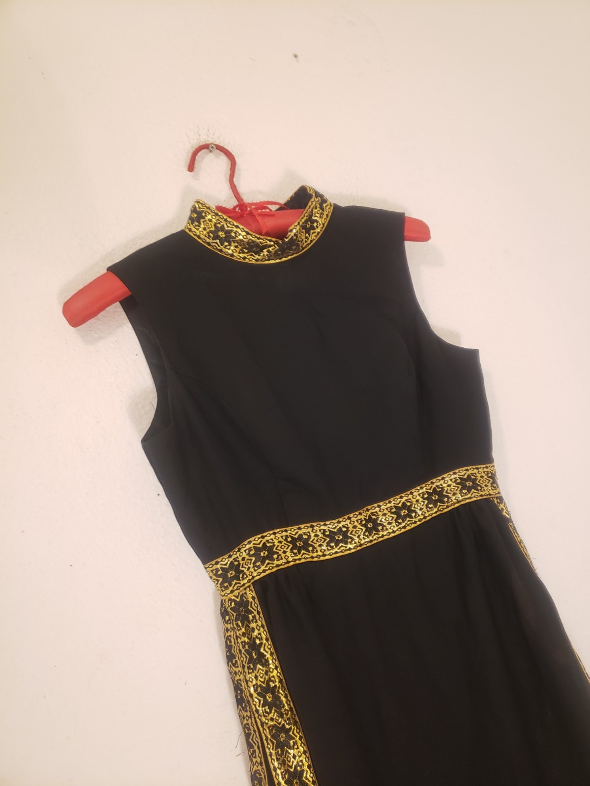 Vtg 60s 70s Grecian Style High Side Slits Maxi Dress Sz M AS IS Black Gold
