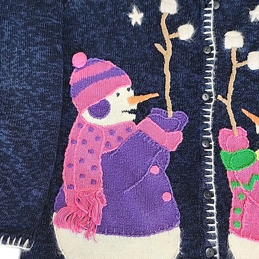 Vintage The Quacker Factory Holiday Christmas Snowman Blue Cardigan Sweater L