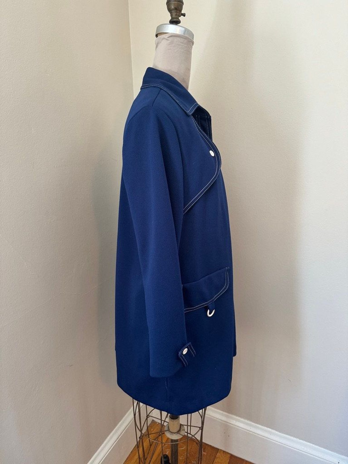 Vintage Navy Poly Car Coat with White Buttons and stitching details – NPC fashio
