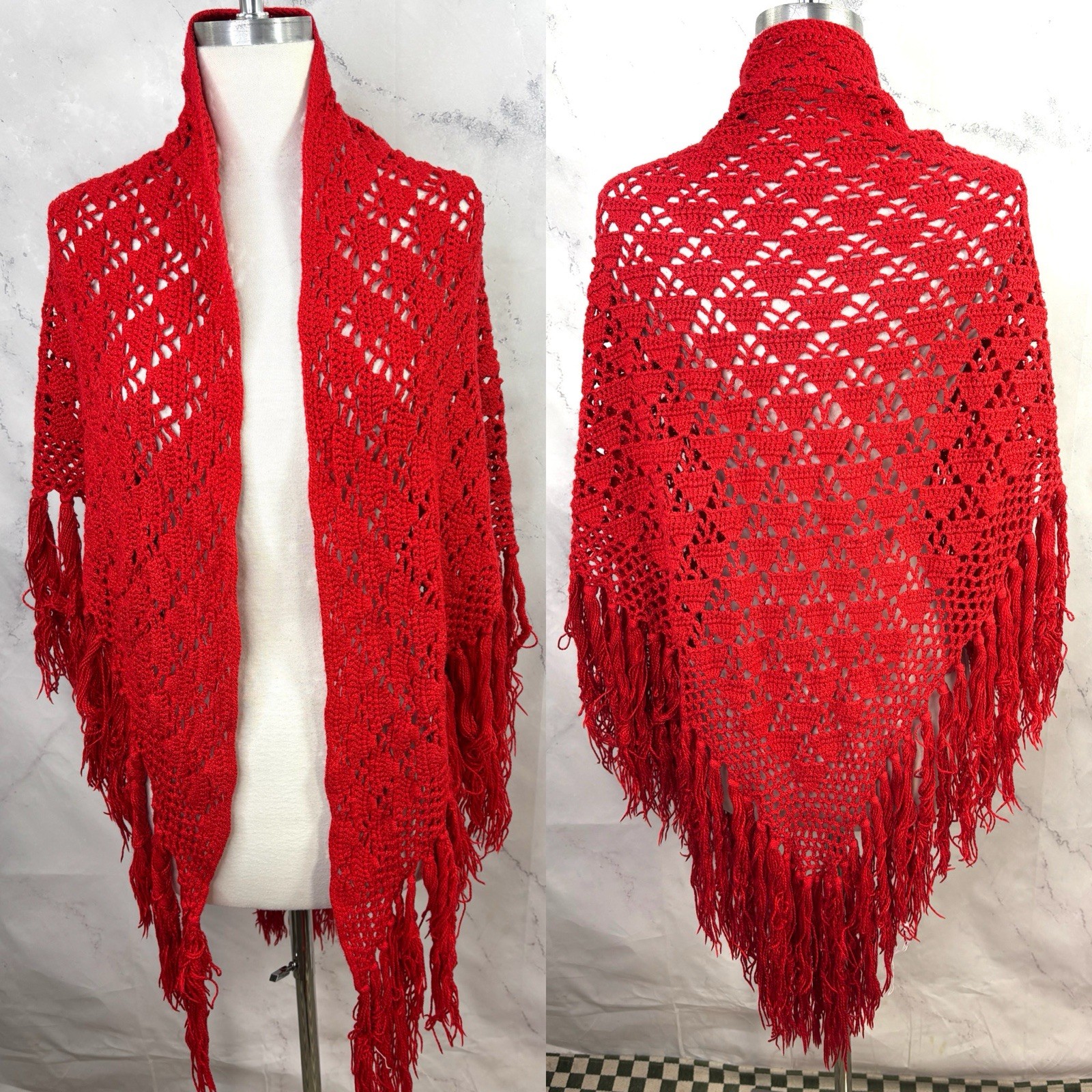 Vintage 70s Crochet Knit Shawl Red Cape Wrap cottagecore Boho Hippie Festival