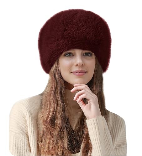 Lina & Lily Women’s Winter Cossack Hat Russian Style Long Pile Faux Fur Dark Red