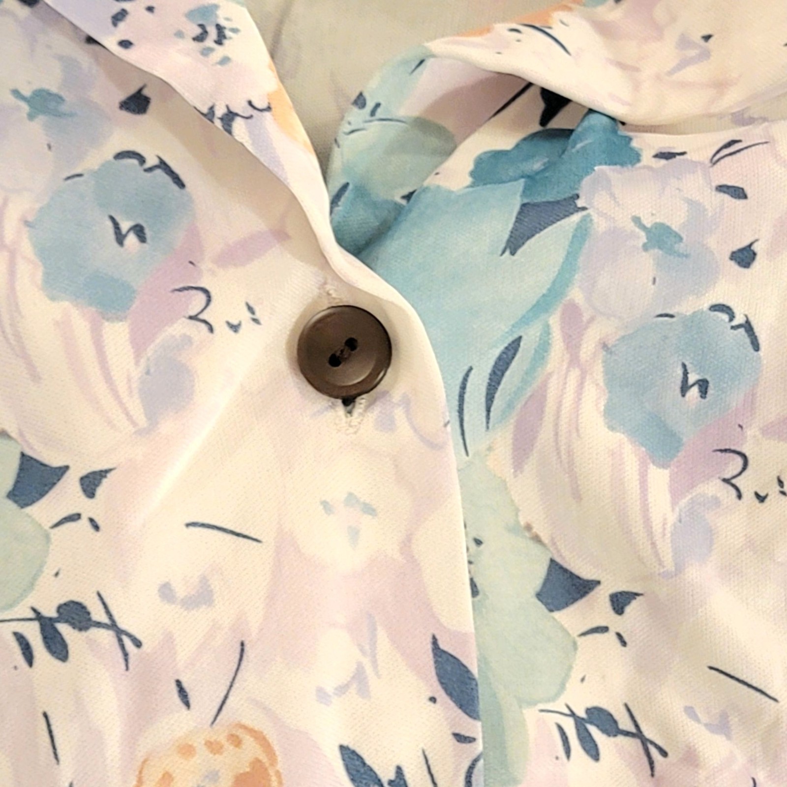 Vintage 70s Nylon Midi Shirt Dress Women Large 12 14 Blue Floral Collar Spring L