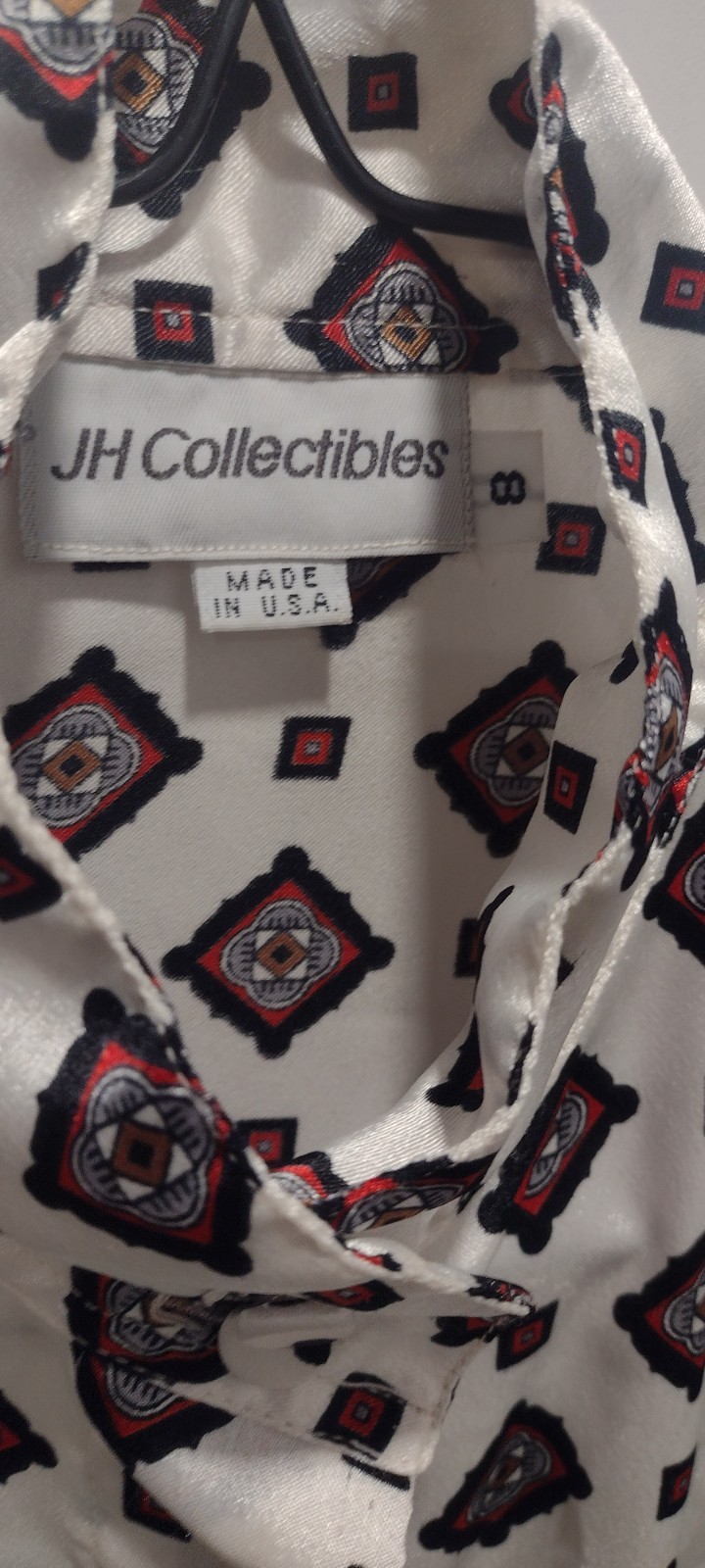 VTG JH COLLECTIBLES White Blouse 8 GUC Black Red Diamond Foulard Long Sleeve