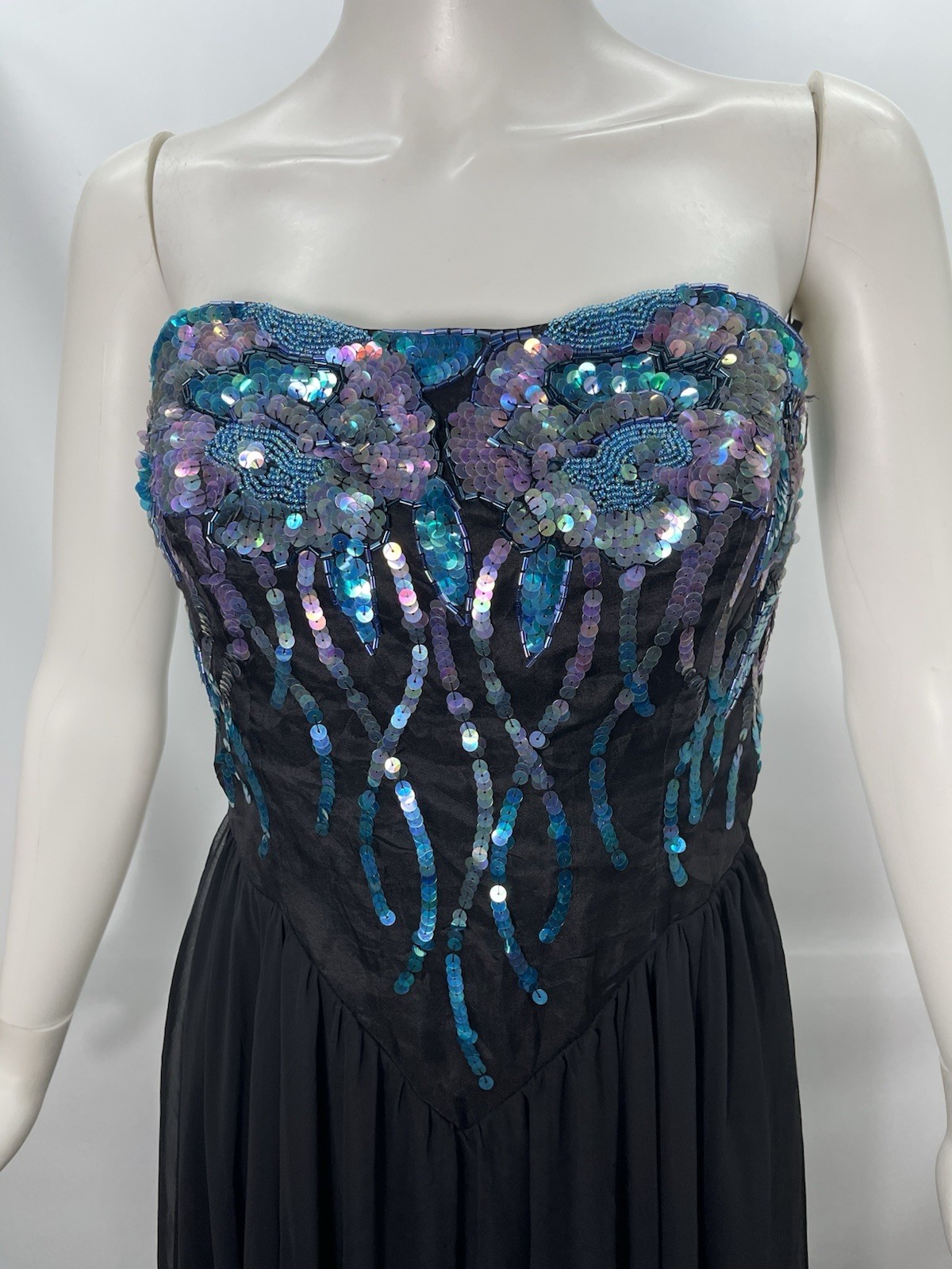 VTG Casadei Strapless Black Dress Sequins Chiffon Flowy Fairy Sz S