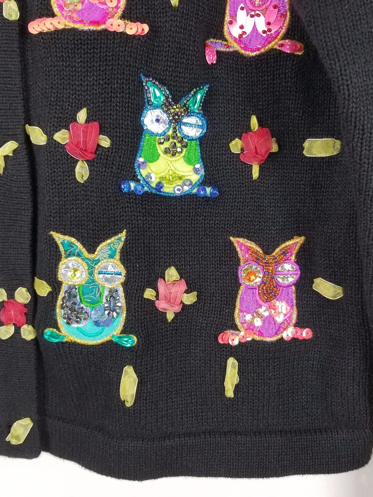 JACK B QUICK Vtg long sleeved black multi-colored Owl beaded design Sweater Sz S