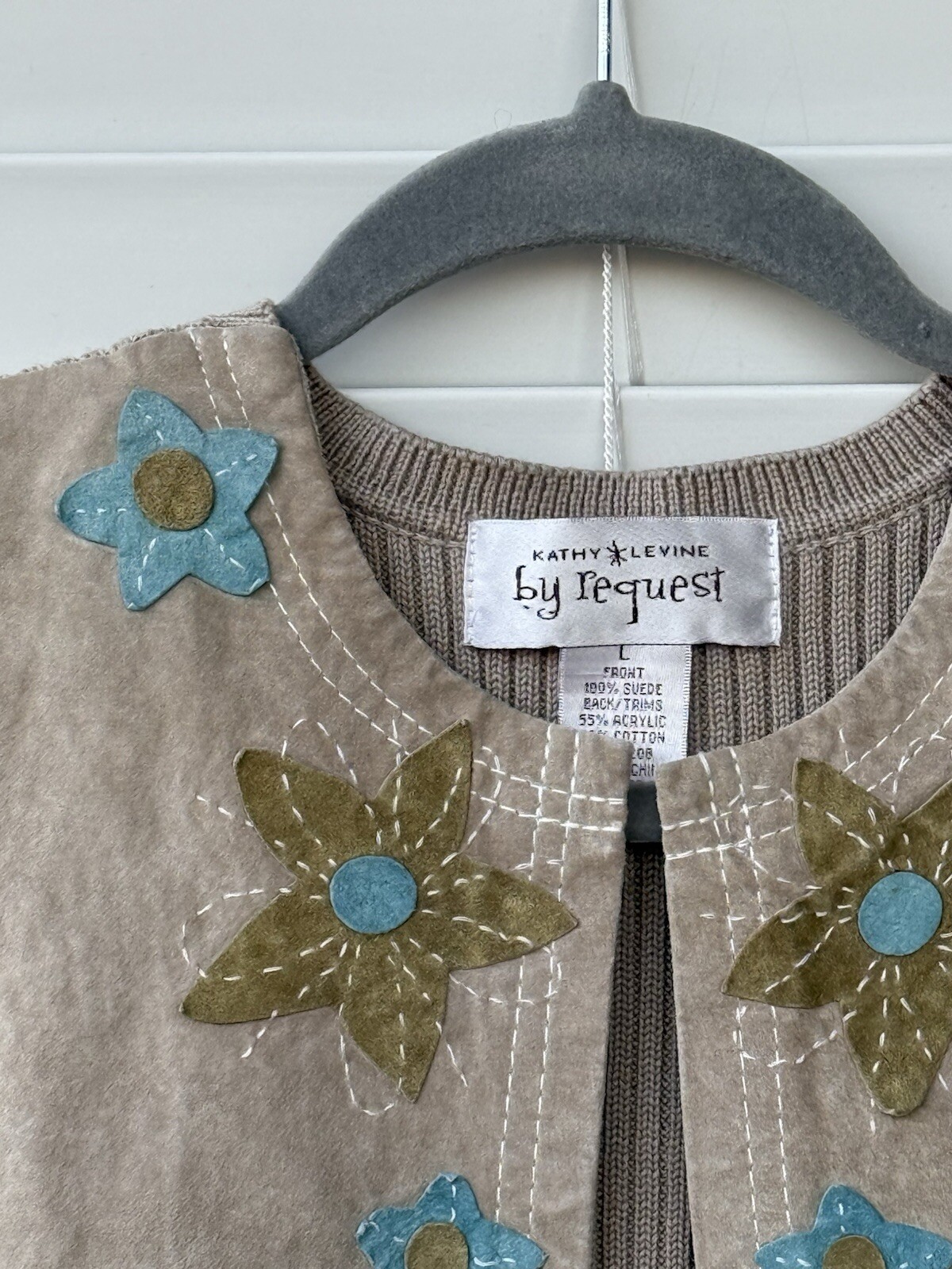 Vintage Suede Vest Request Kathy Levine Floral Embroidered Hippie 90s Festival L