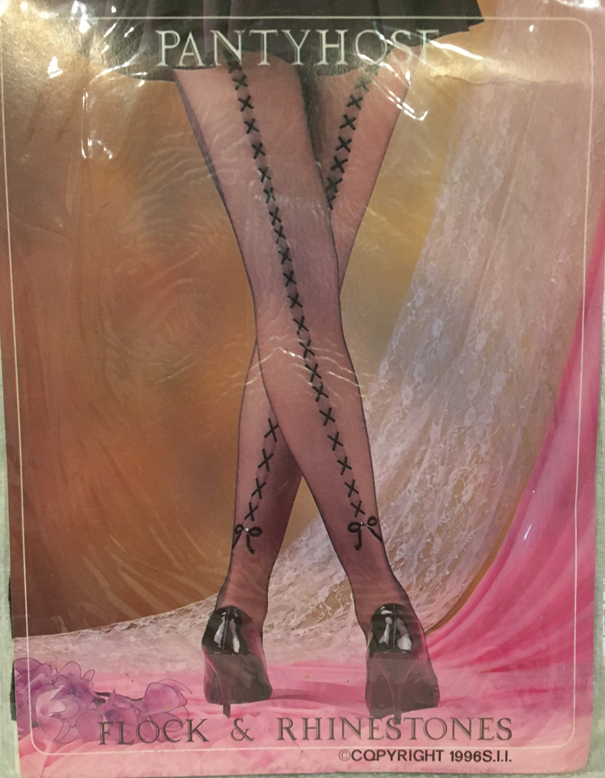 HiBaly Fashion Pantyhose Flock & Rhinestone VTG 100% Nylon BOW & X Design NIP