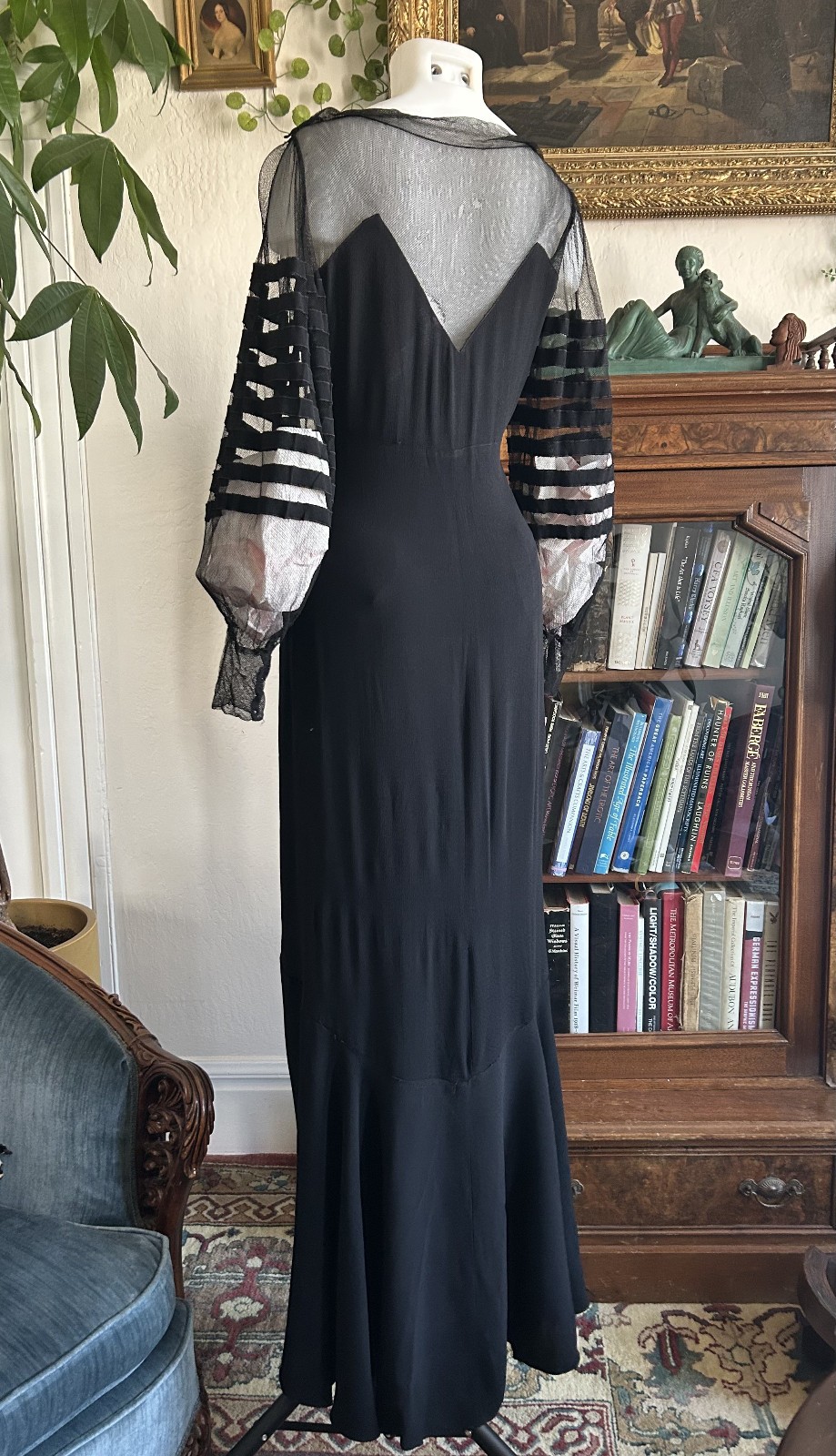Vintage 1930s Black Mesh Net Gown Balloon Sleeves Bias Cut Art Deco Maxi Dress