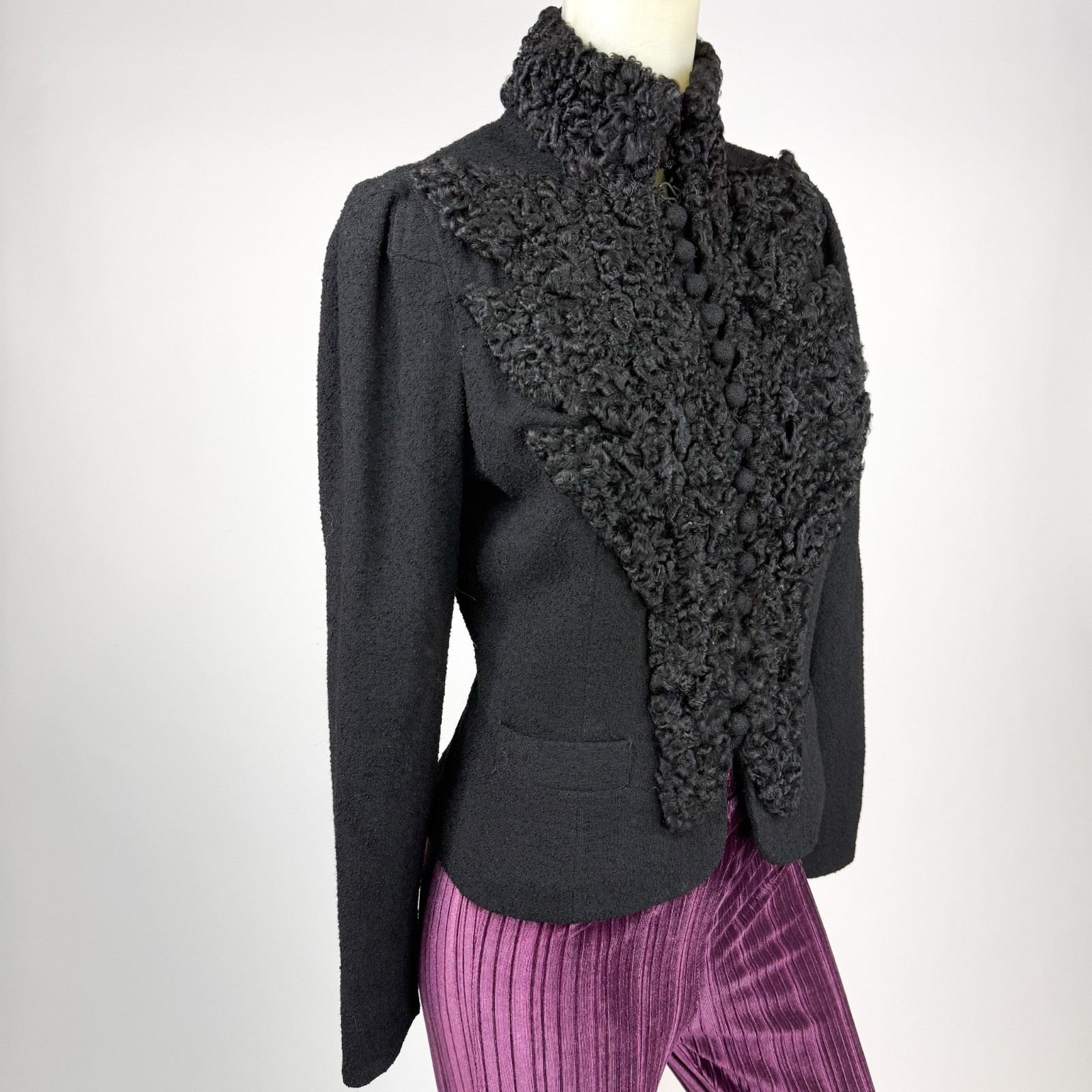 Antique Victorian Mourning Jacket Black Wool Astrakhan Fur High Collar Gothic XS