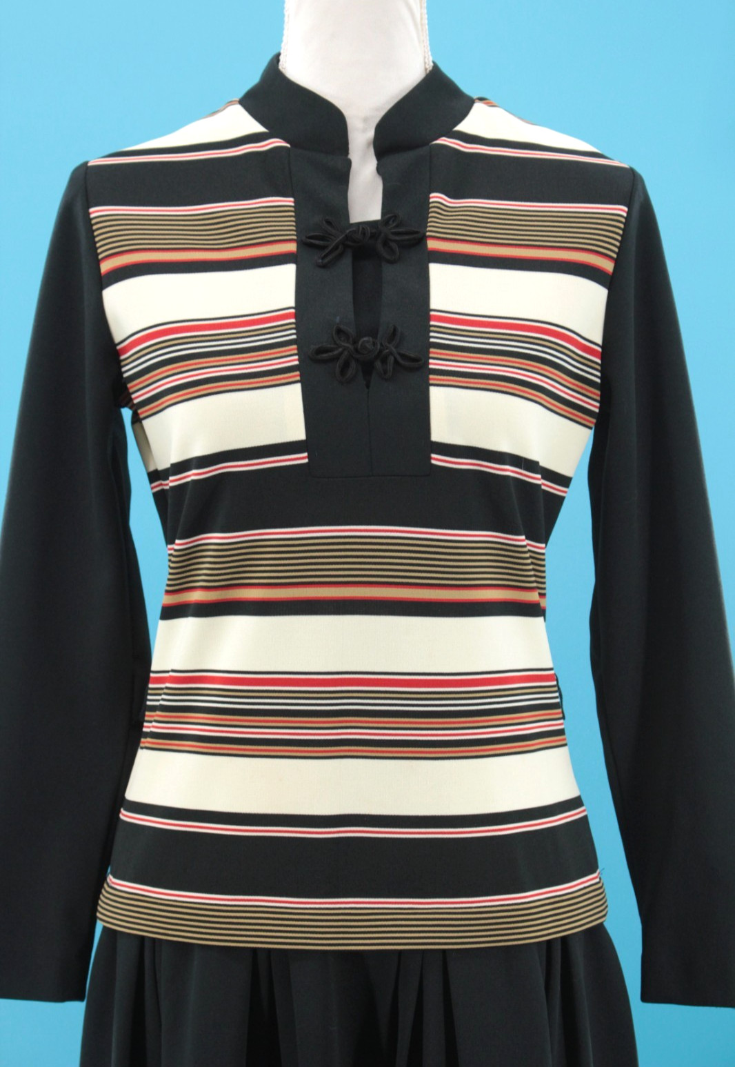 VTG Women’s 60s Black Cream & Red Striped Drop Waist Midi Dress Sz M 1960s