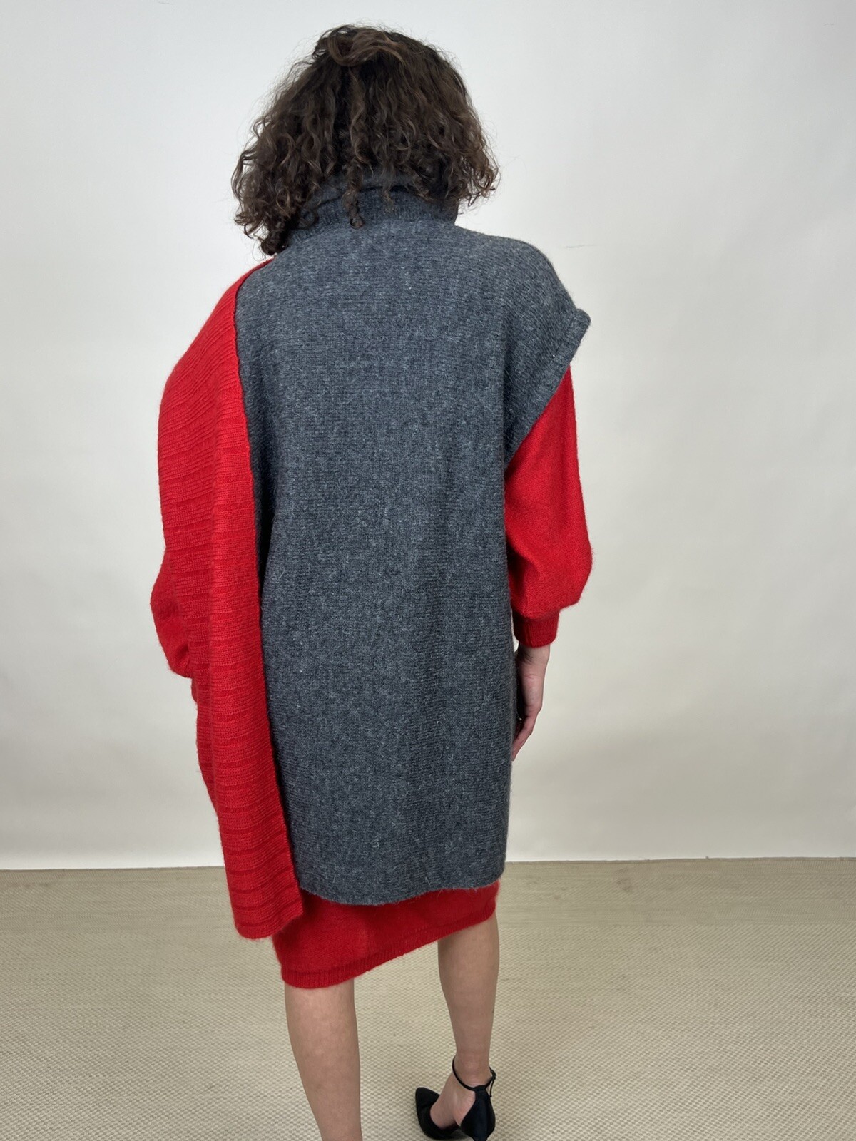 Vintage 1980s Karl Lagerfeld for Chloe Sweater Dress & Poncho Red Gray Designer