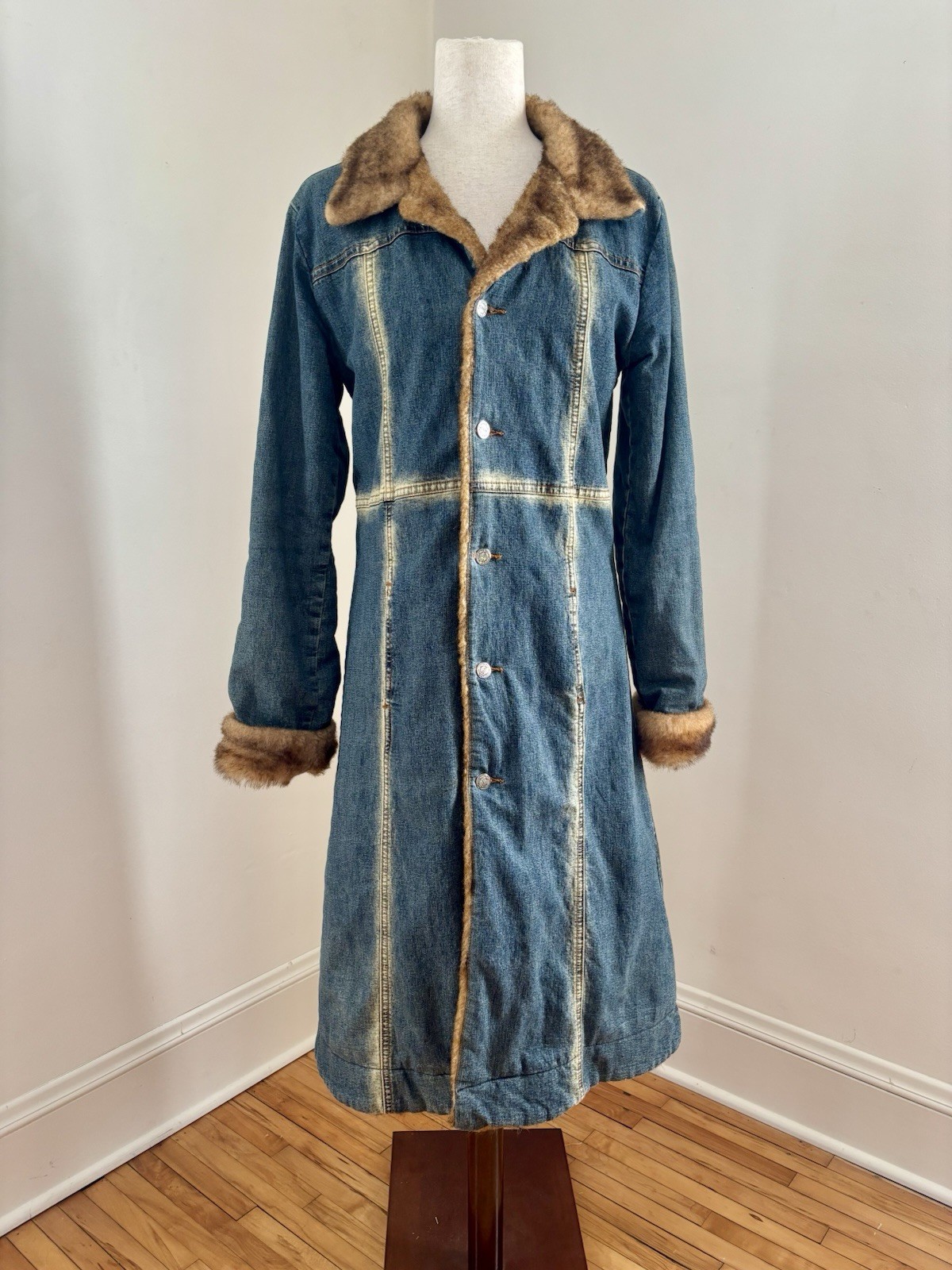 Vintage 00s Denim Coat, Faux Fur Trim, Longline Jean Jacket – S/M