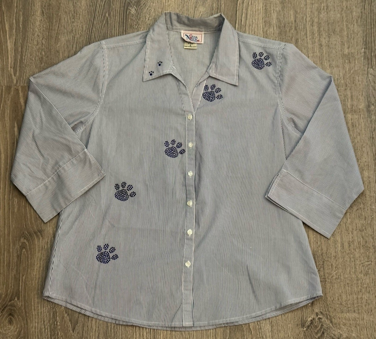 Vtg 80s Nitro 3/4 Sleeve Blue Paw Rhinestones Button-Up Blouse Women’s Small UK