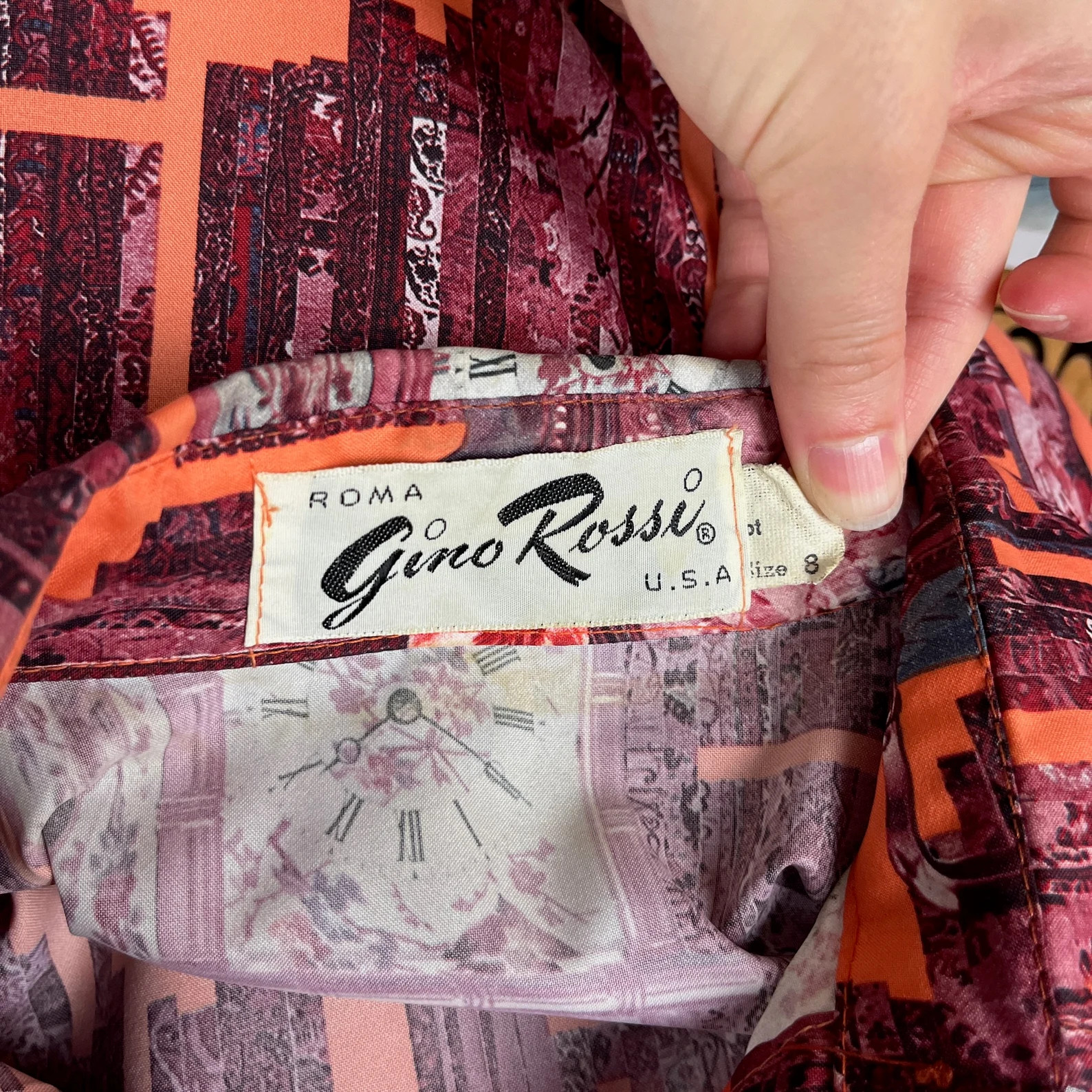 Vtg 60s-70s Gino Rossi Chinoiserie Baroque Clocks Novelty Print Blouse XS Disco