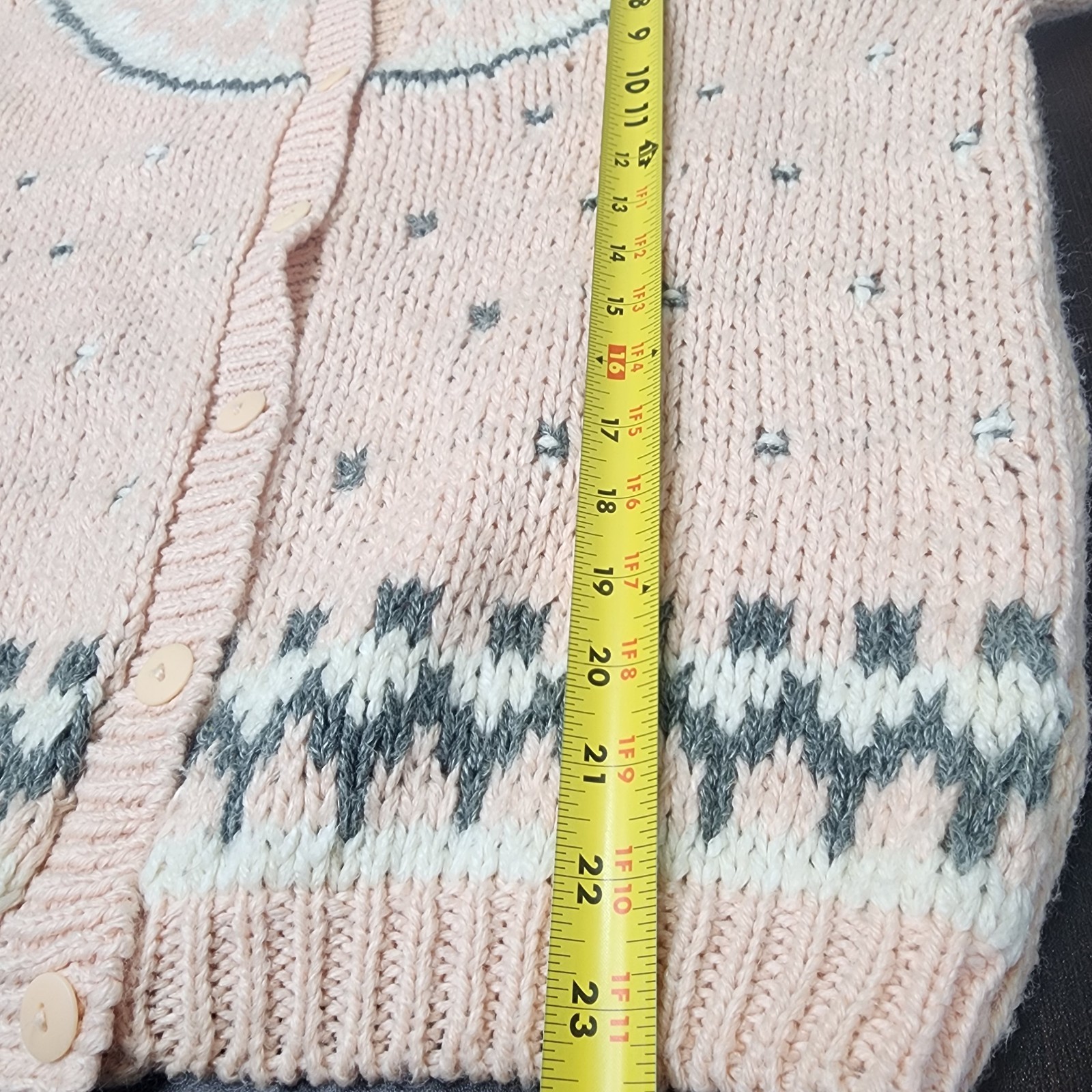 Vintage Knitted by Hand Sweater Size L Pale Pink Gray White Fair Isle Cardigan