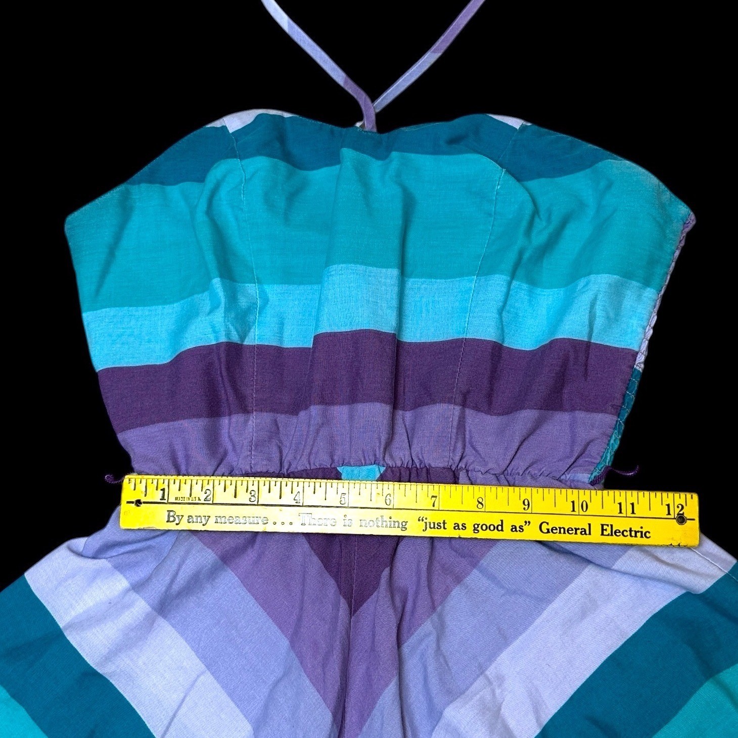 Vintage Chevron Stripe Halter Dress Teal Purple Smocked Back Sun Dress Size 11