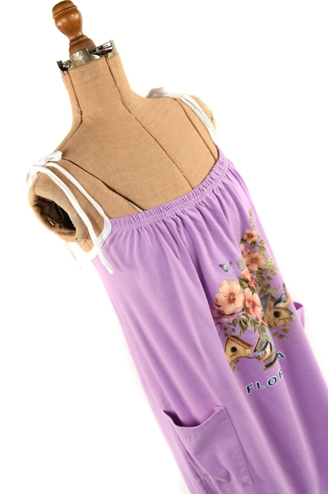 Vintage 80s Pale Purple Lilac Bird + Birdhouse Screen Print Shift Tie Sundress M