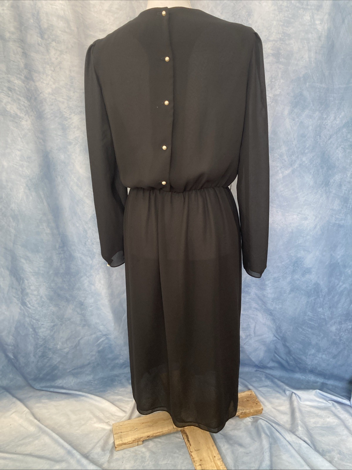 St. Gillian By Kay Unger Vintage 1980s Black Midi Dress Lightweight Button Back